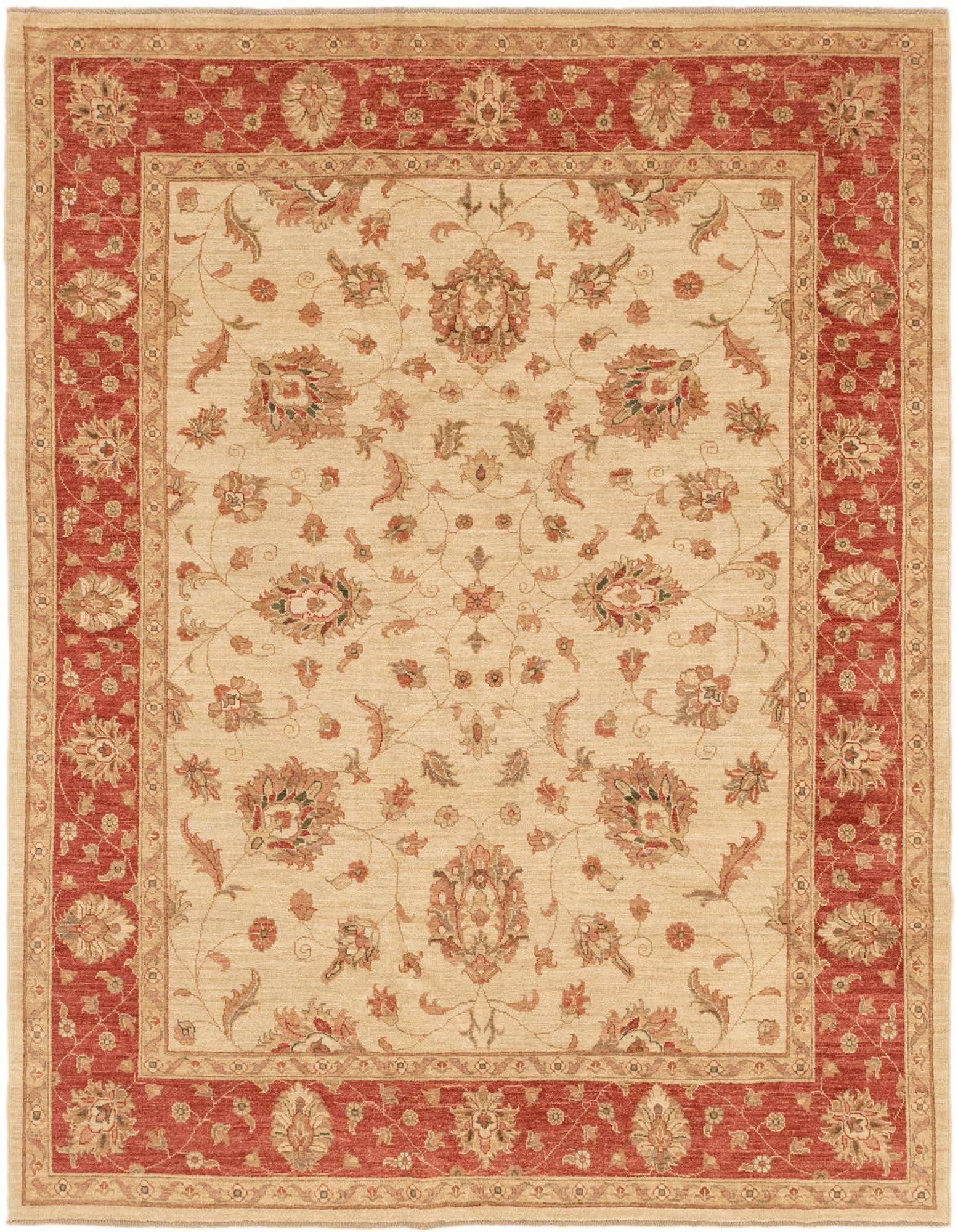 A 6x9 rectangular ivory and red traditional Peshawar Ziegler rug with a botanical floral pattern, ideal for a living room.