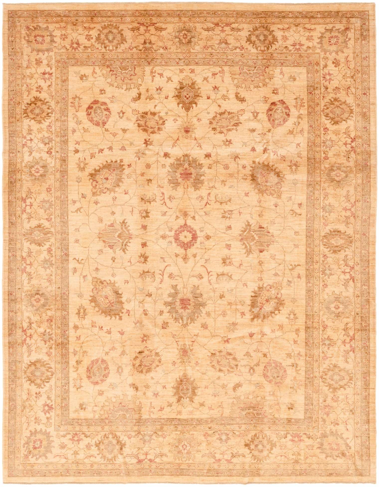A 9x12 rectangular ivory and cream traditional rug with a botanical and floral pattern, suitable for a living room.
