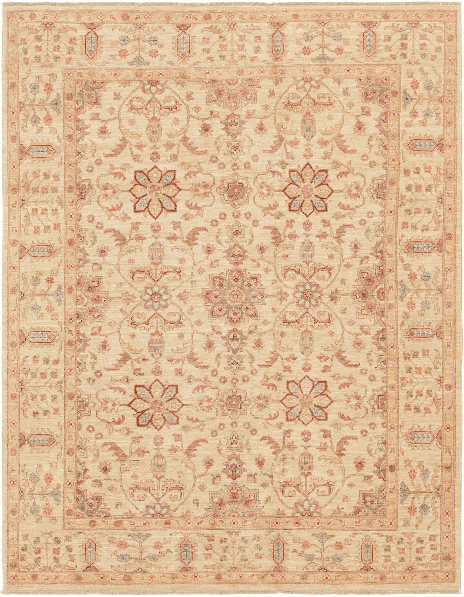A 6x9 rectangular ivory traditional rug with an intricate botanical and floral pattern in muted reds, blues, and creams.