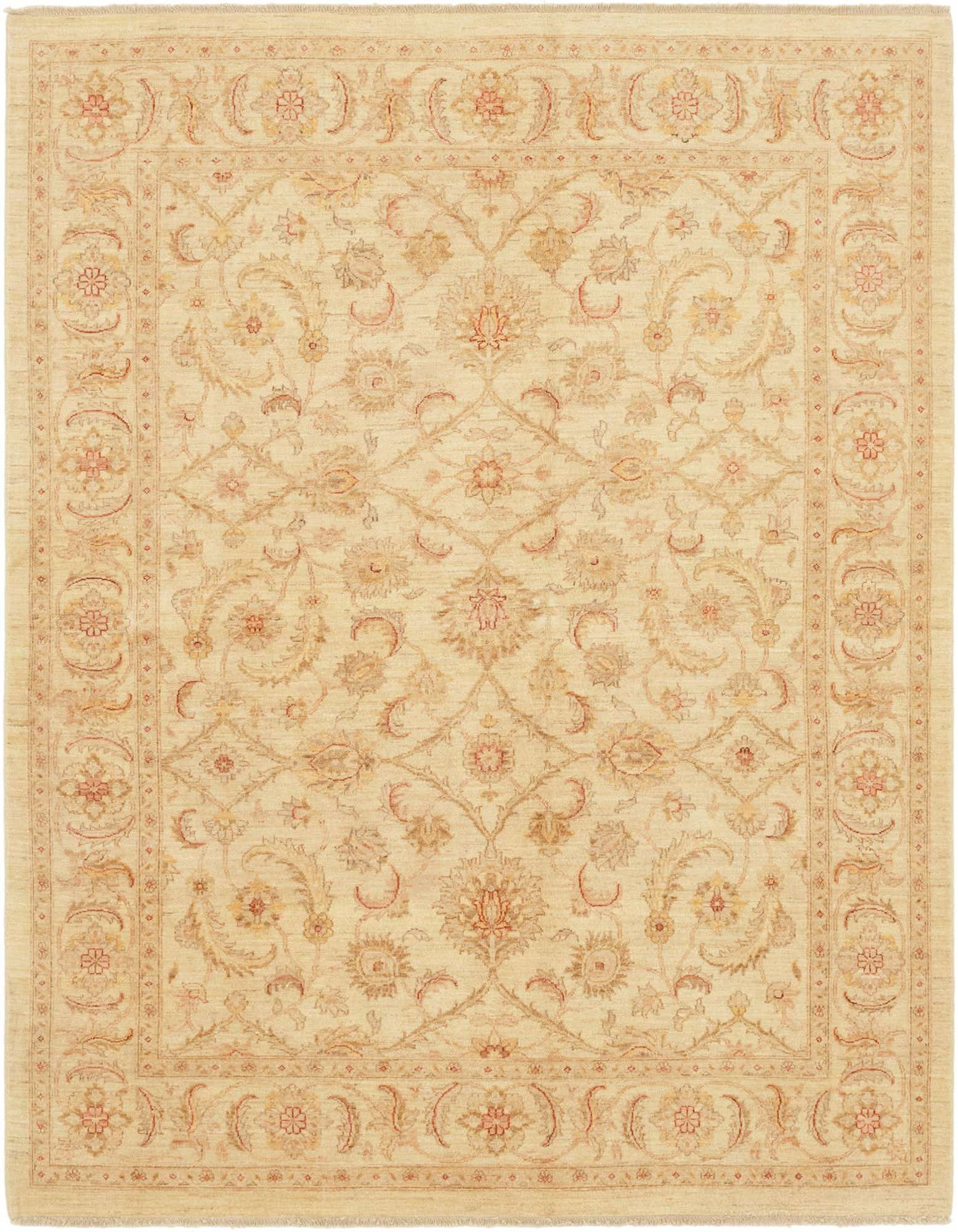 A 6x9 rectangular ivory and cream traditional rug with an intricate botanical and floral pattern, ideal for a living room.