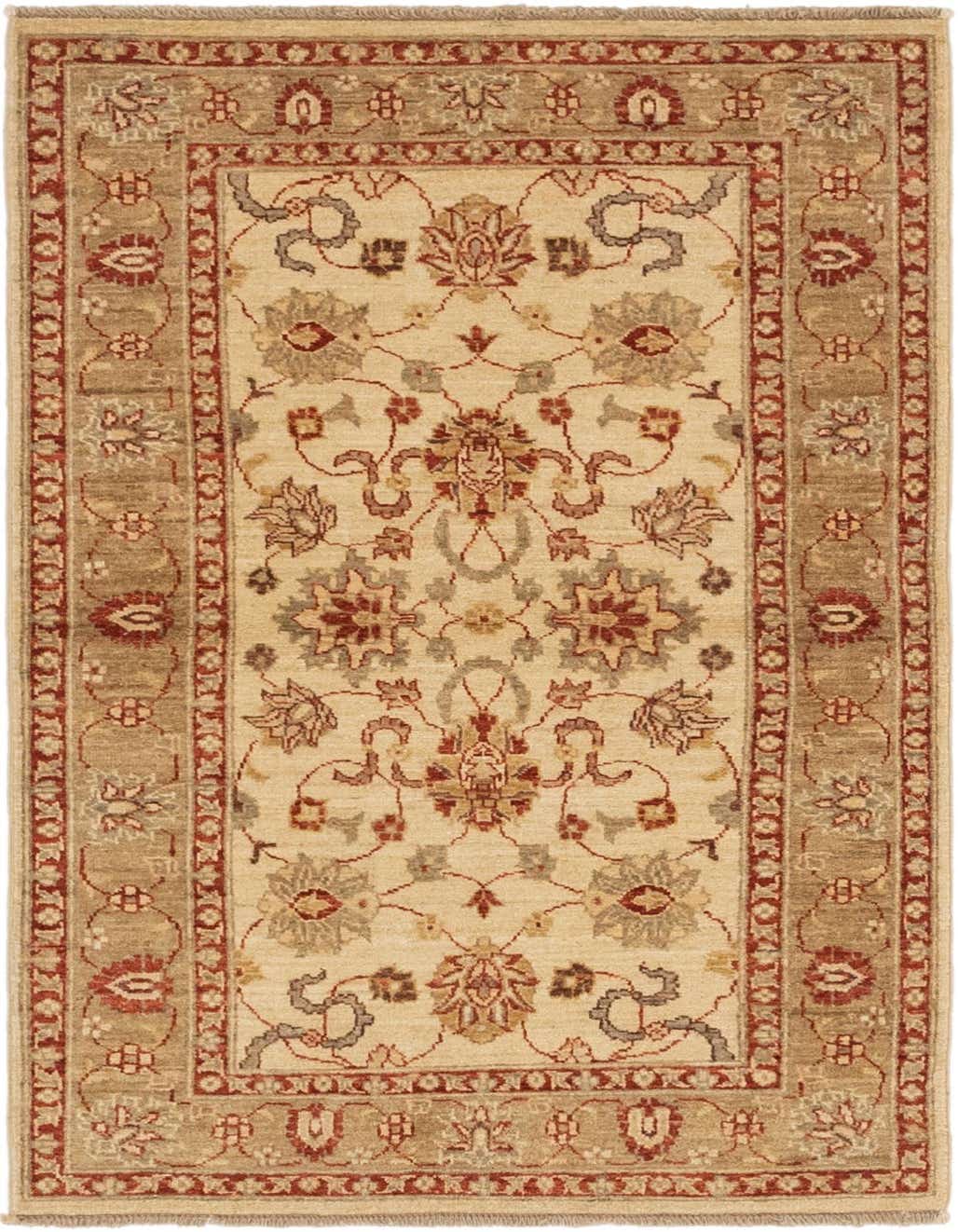 A 3x5 rectangular ivory and cream traditional wool rug with a detailed botanical and floral pattern, suitable for an entryway.