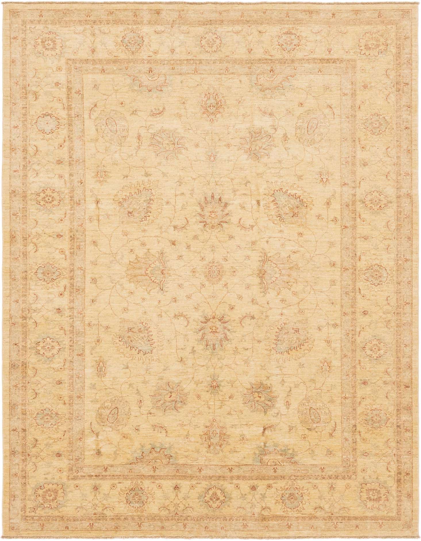 A rectangular 7x10 ivory Peshawar Ziegler rug with a traditional botanical pattern and floral motifs.