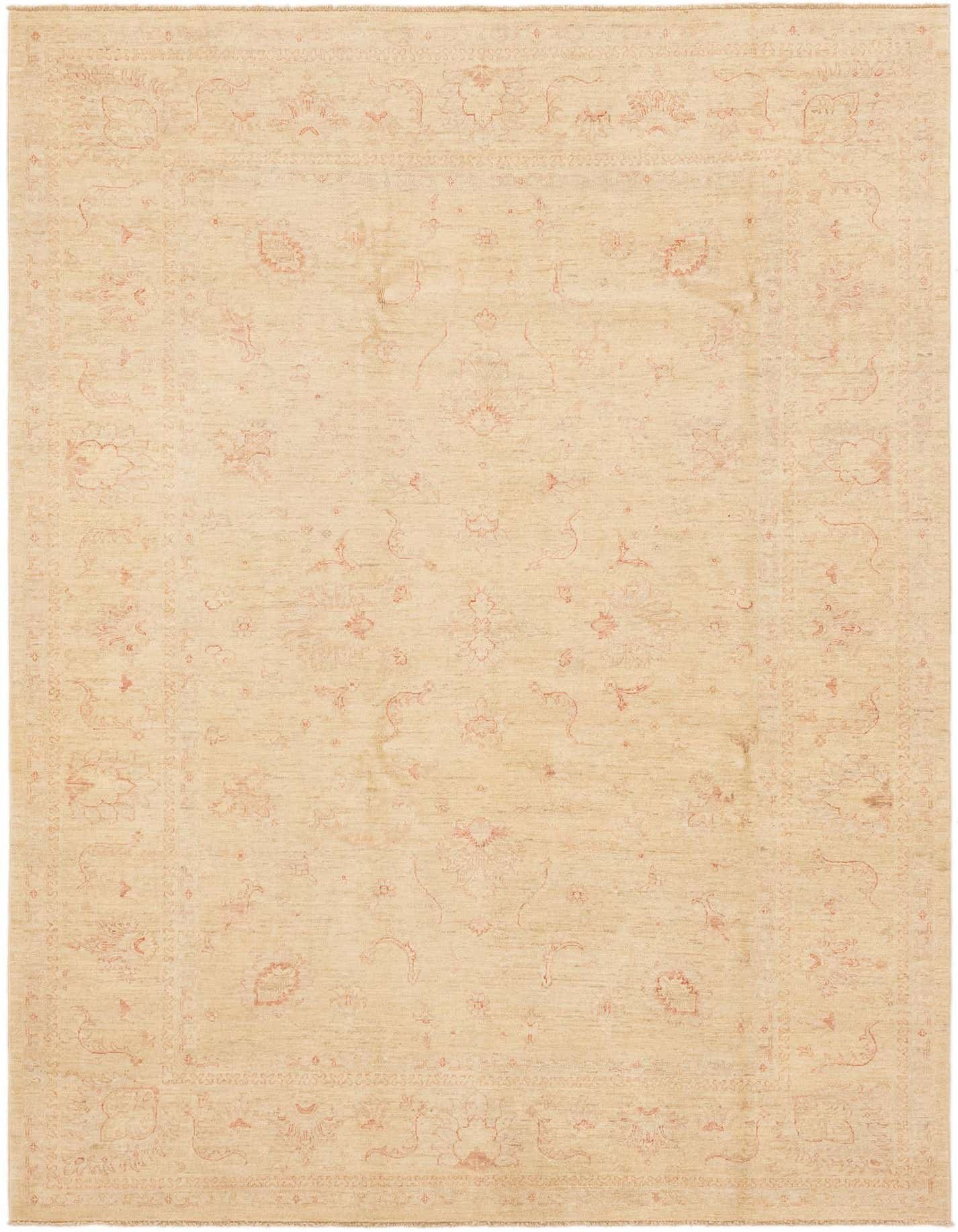A 7x10 rectangular ivory and cream wool rug with a subtle traditional botanical pattern, ideal for a living room.