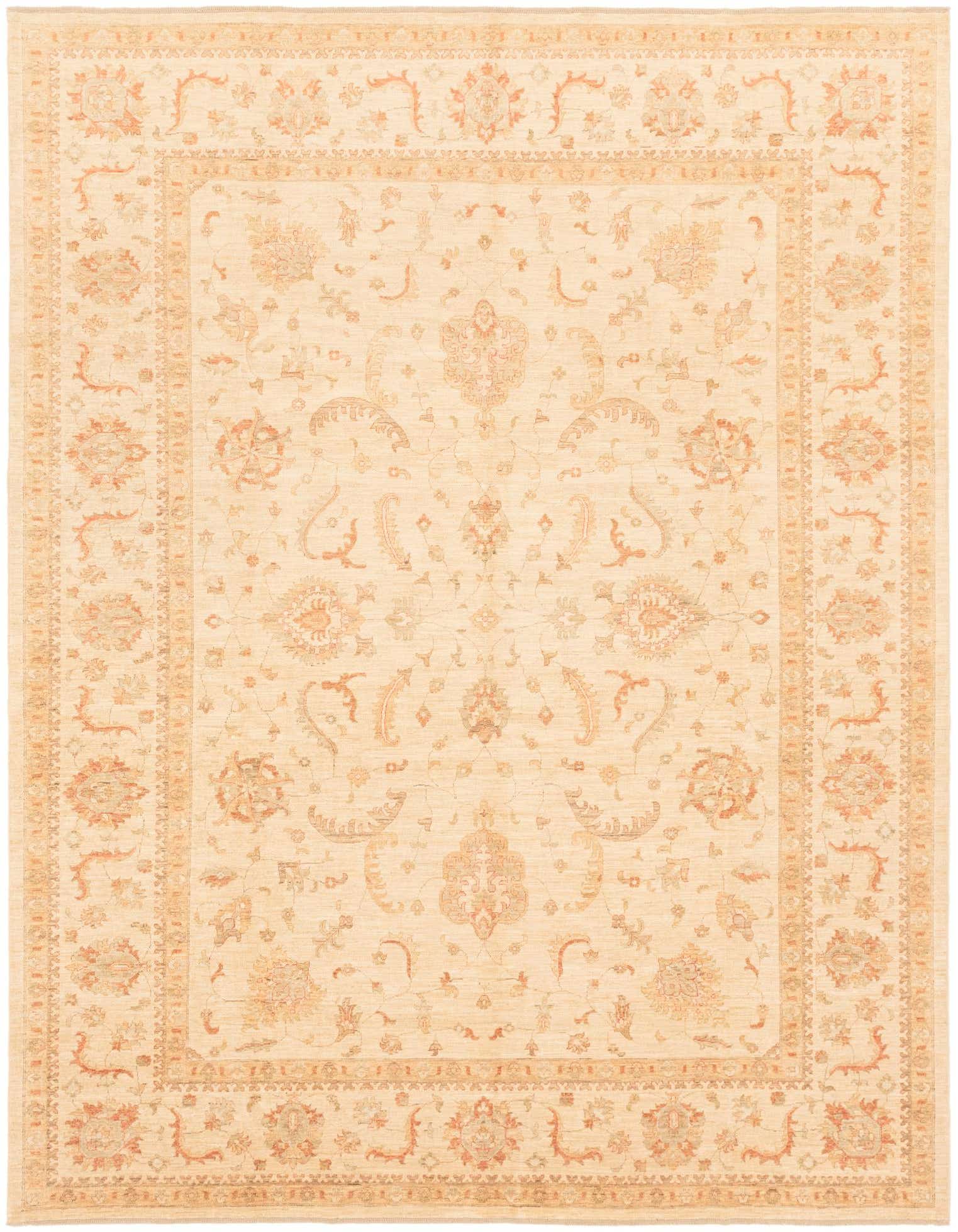 A 10x13 rectangular ivory Peshawar Ziegler rug featuring a traditional botanical and floral pattern in cream and light orange tones.