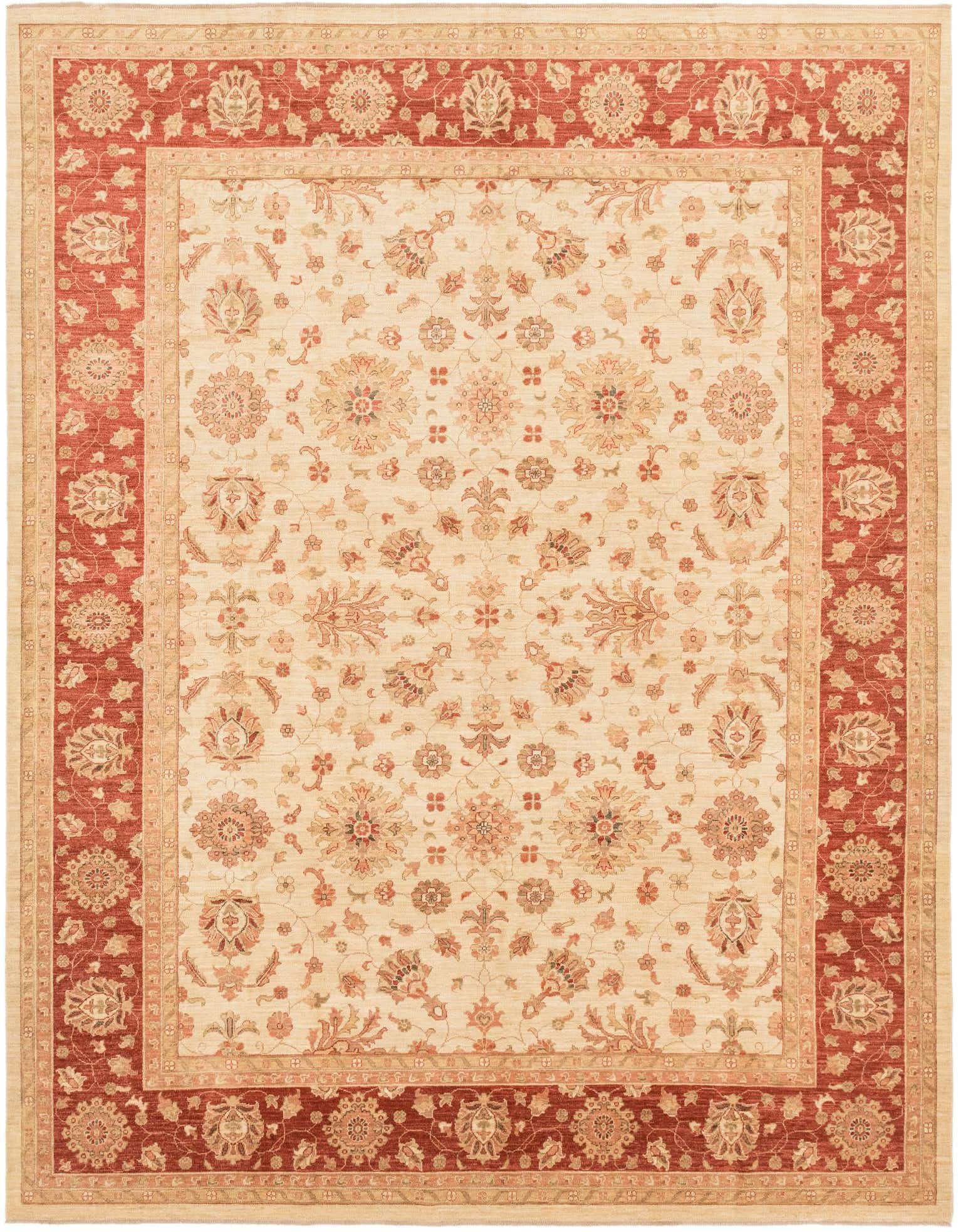 A 10x13 rectangular Peshawar Ziegler rug featuring an ivory field with an intricate botanical and floral pattern, framed by a wide red border.