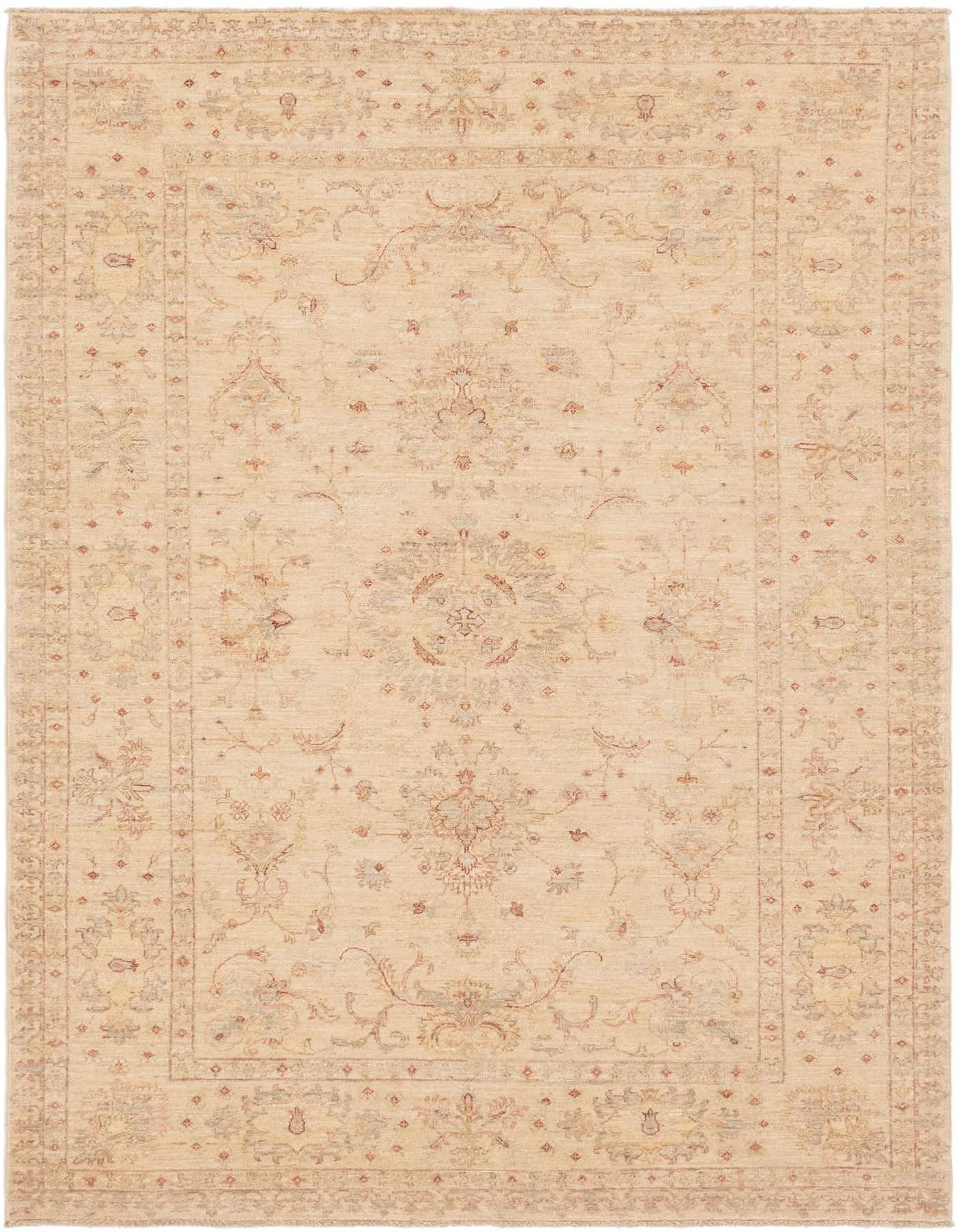 A 6x9 rectangular ivory wool rug with a traditional botanical medallion pattern in subtle creams, reds, and blues.