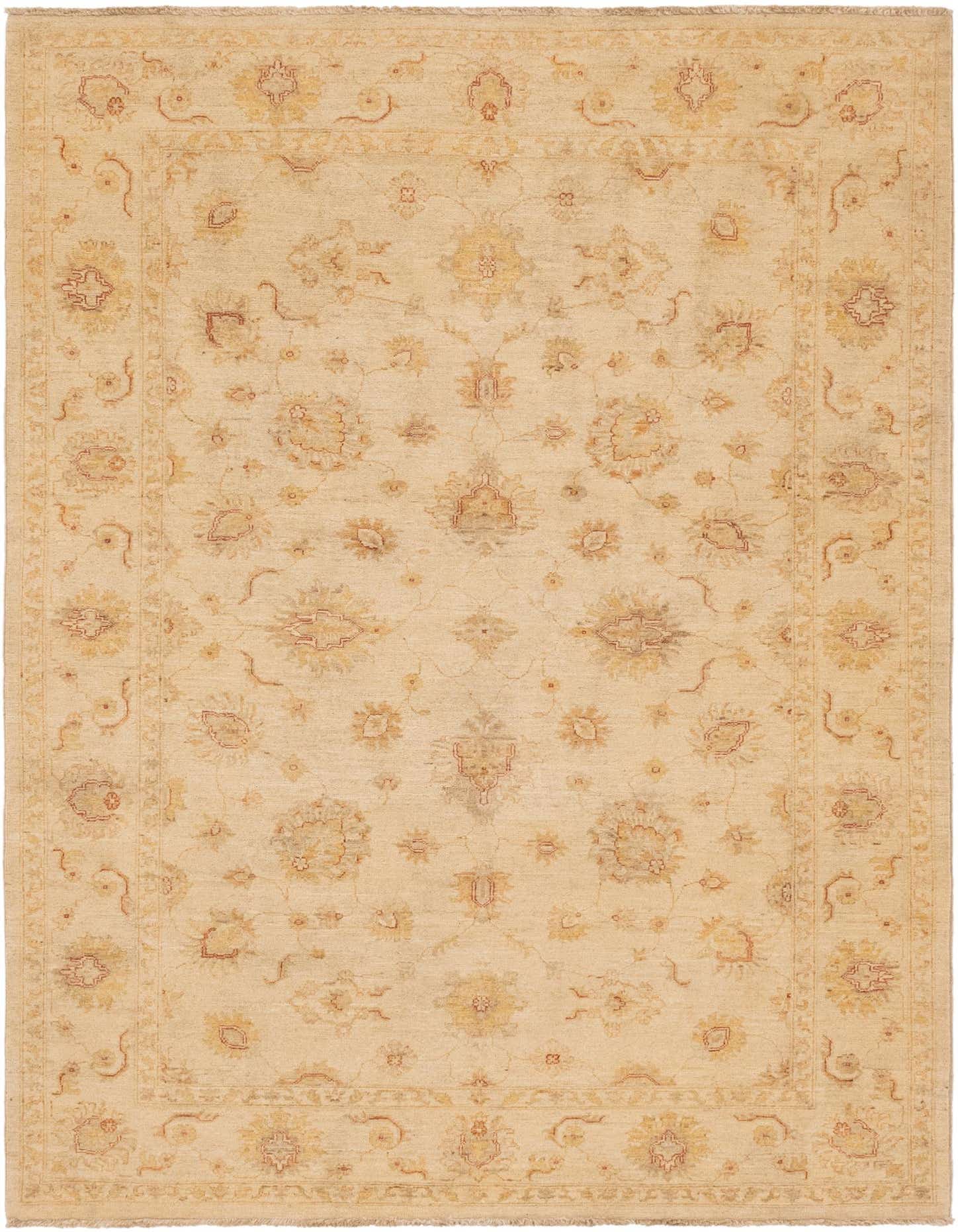 A 6x9 rectangular Peshawar Ziegler rug in ivory and cream with a traditional botanical floral pattern, suitable for a living room.