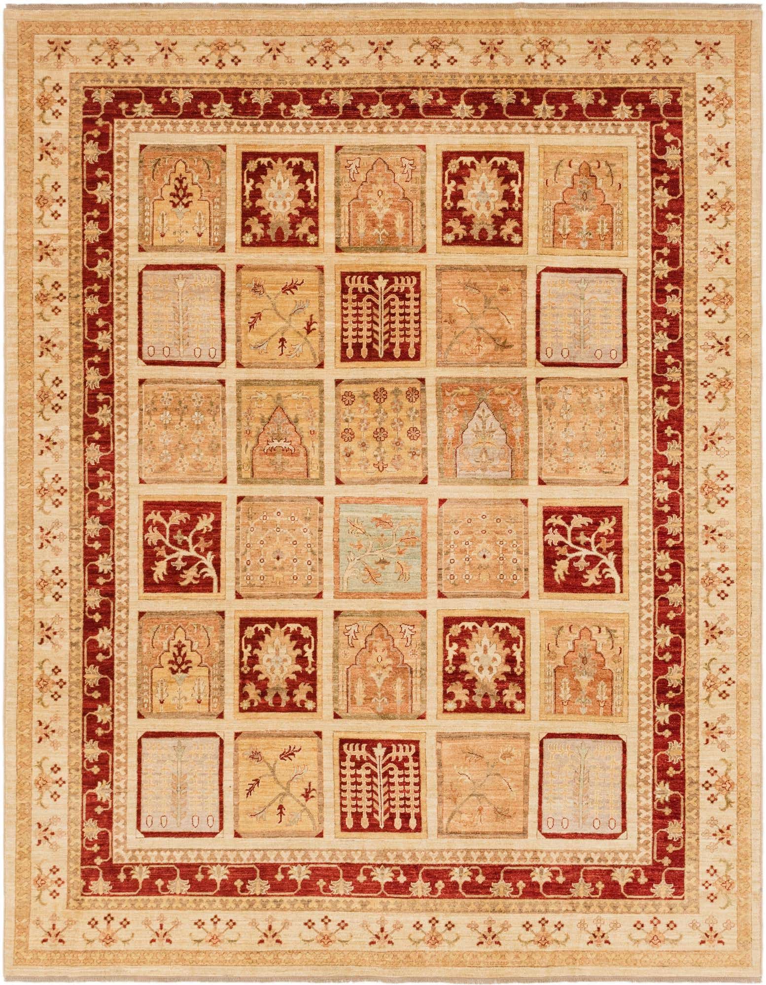 An 8x10 rectangular Peshawar Ziegler rug featuring a grid of traditional botanical and tribal patterns in ivory, cream, and deep red, with a decorative border.