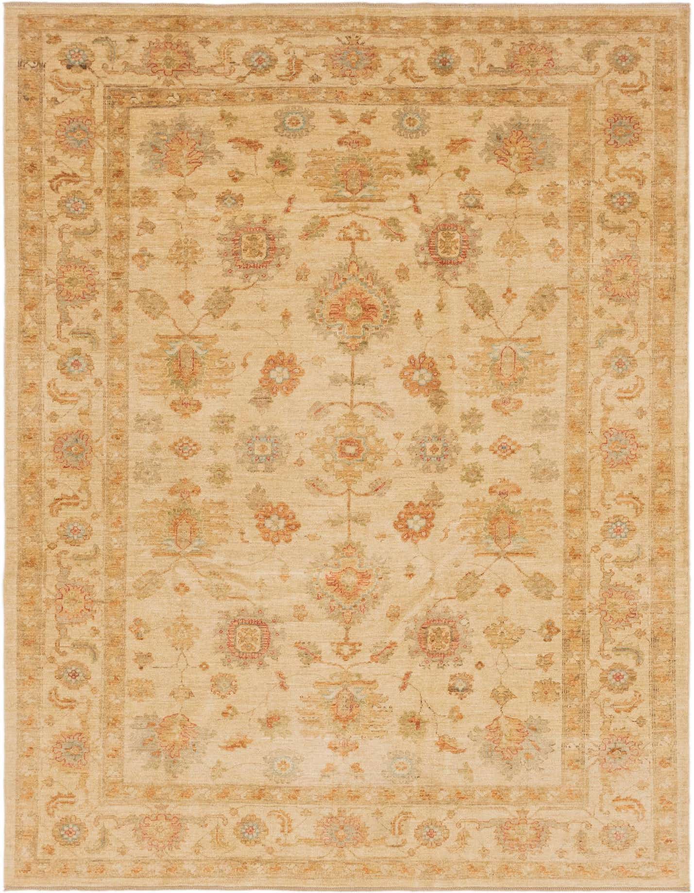 A 7x10 rectangular ivory and cream traditional rug with botanical and floral patterns, ideal for a living room.