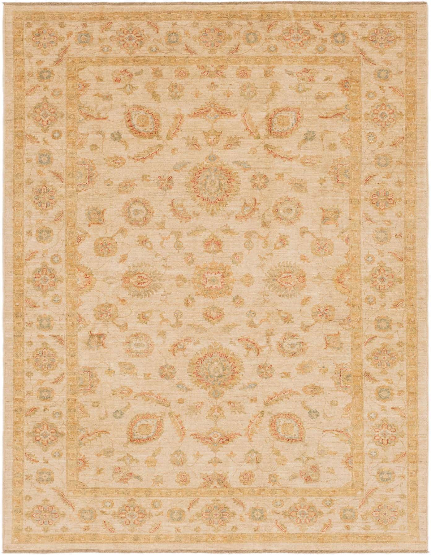 A 7x10 rectangular ivory traditional wool rug with a botanical floral pattern and a detailed border.
