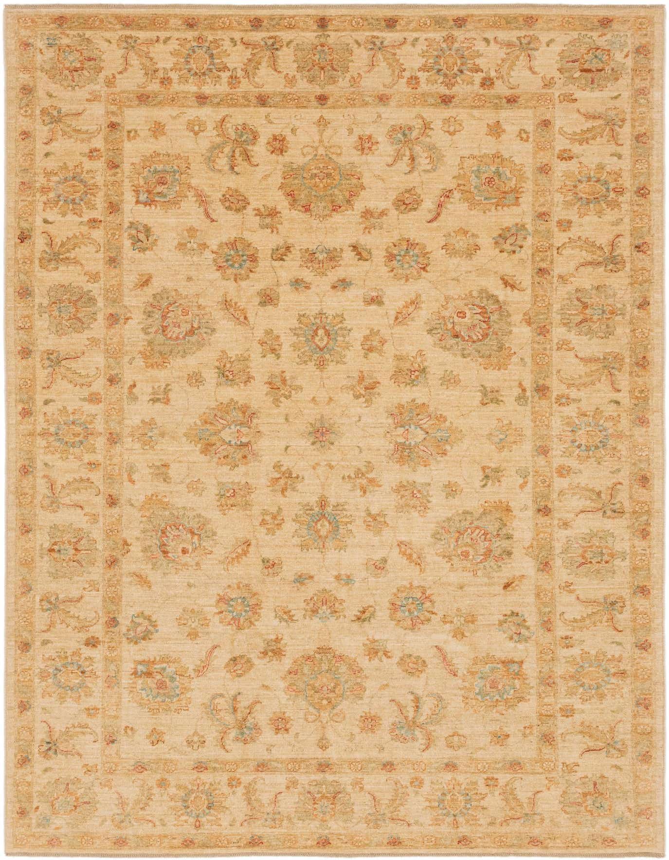 A 7x10 rectangular ivory traditional wool rug with a botanical and floral oriental pattern.