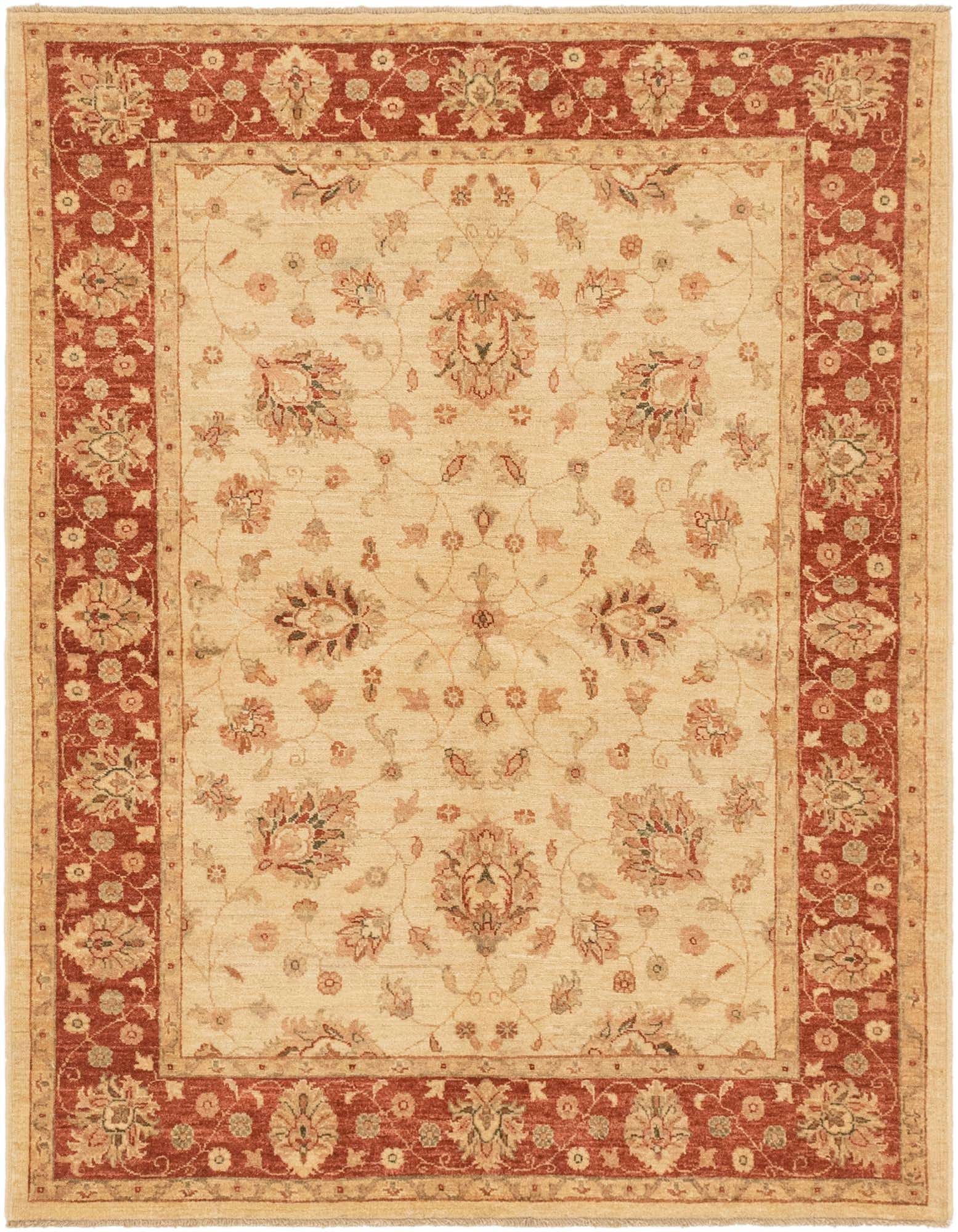 A 5x7 rectangular ivory and cream wool rug with a traditional botanical pattern and a rich red-orange border.