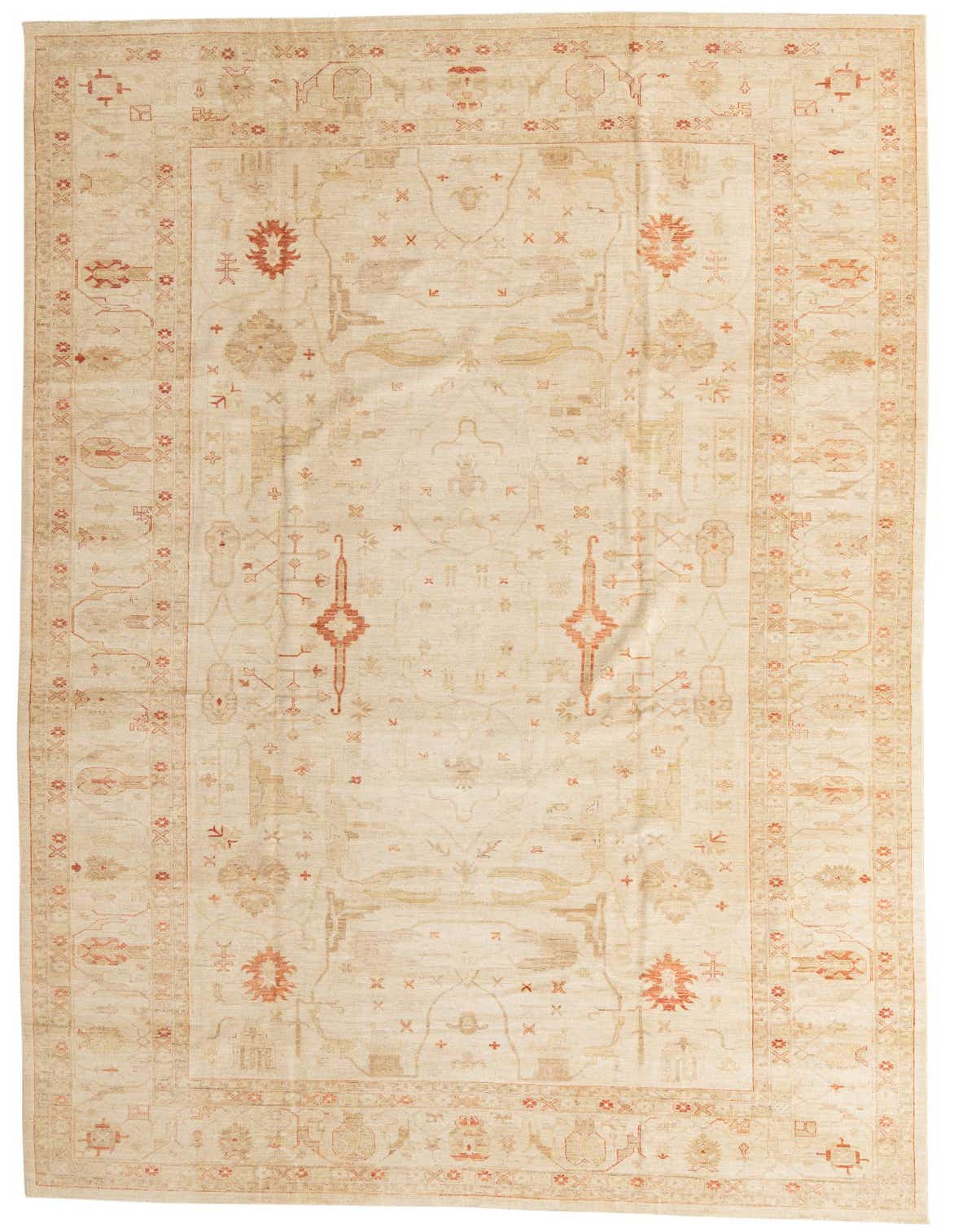 A 10x16 rectangular ivory and cream Peshawar Ziegler rug with a traditional Oriental pattern and thin pile.