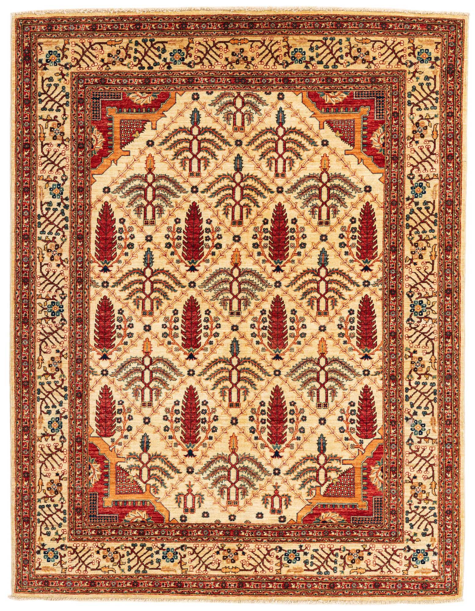 A 5x8 rectangular Peshawar Ziegler rug with an ivory field, featuring traditional oriental patterns in red, blue, and gold.