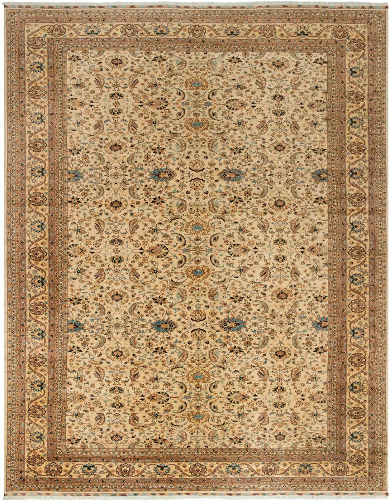 Rectangular ivory and cream Oriental rug with intricate floral and paisley patterns in muted blues and browns, featuring a detailed border.