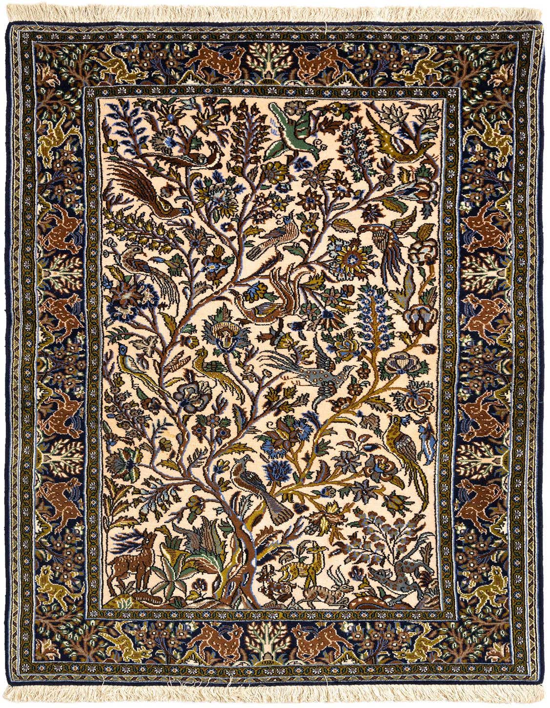 A 3x5 rectangular ivory Persian rug with a detailed tree-of-life pattern featuring birds and animals, framed by a dark blue border.