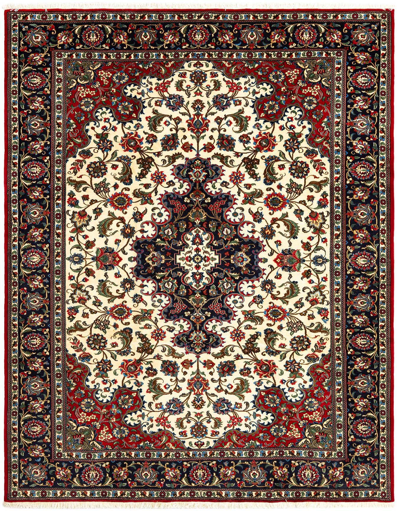 A rectangular 6x9 ivory Persian rug with a detailed floral medallion pattern and red and navy borders.