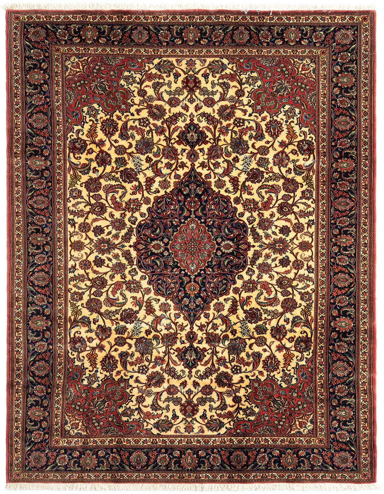 A 7x10 rectangular Qom Persian rug in ivory and cream, featuring an intricate floral medallion pattern with red and navy accents.