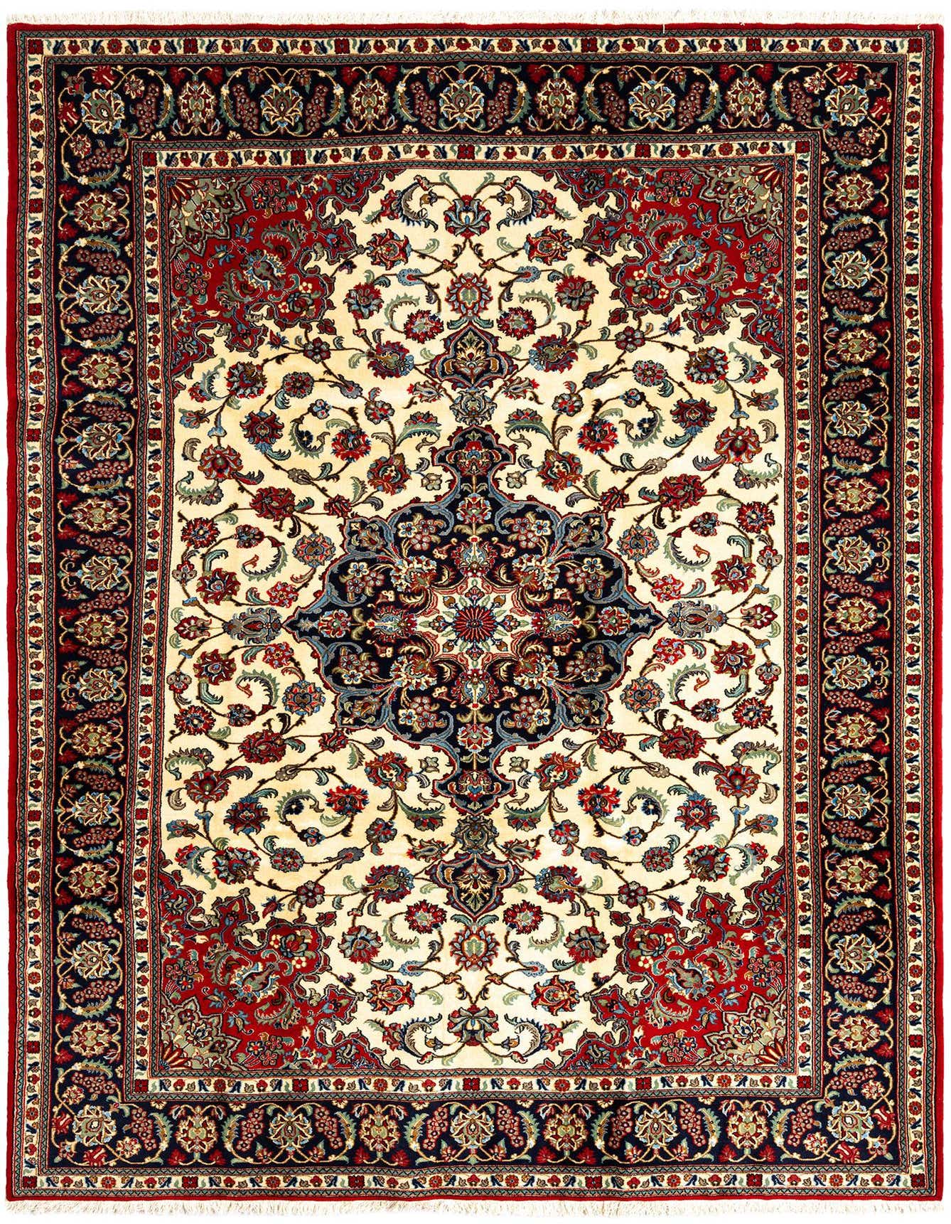 A 7x10 rectangular ivory Persian rug with a central medallion and intricate floral patterns in red, blue, and black.