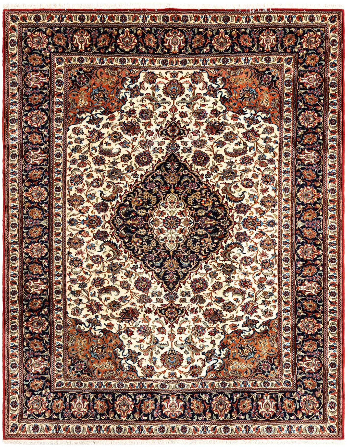 A 6x9 rectangular Persian rug with an ivory field, intricate floral patterns, and a central medallion, framed by a multi-layered border in navy, rust, and cream.