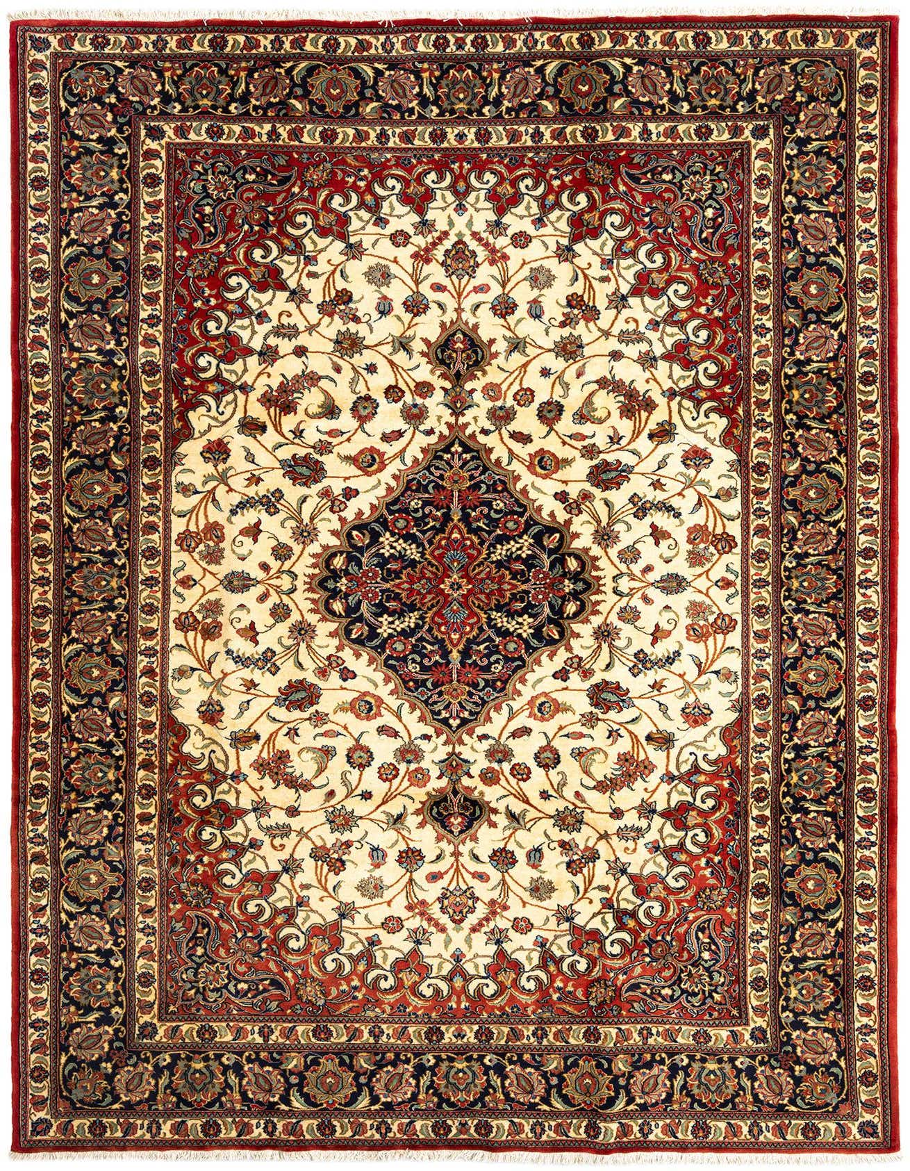 A 7x10 rectangular ivory Persian rug with a detailed floral pattern and a central navy and red medallion, bordered by intricate red and navy designs.