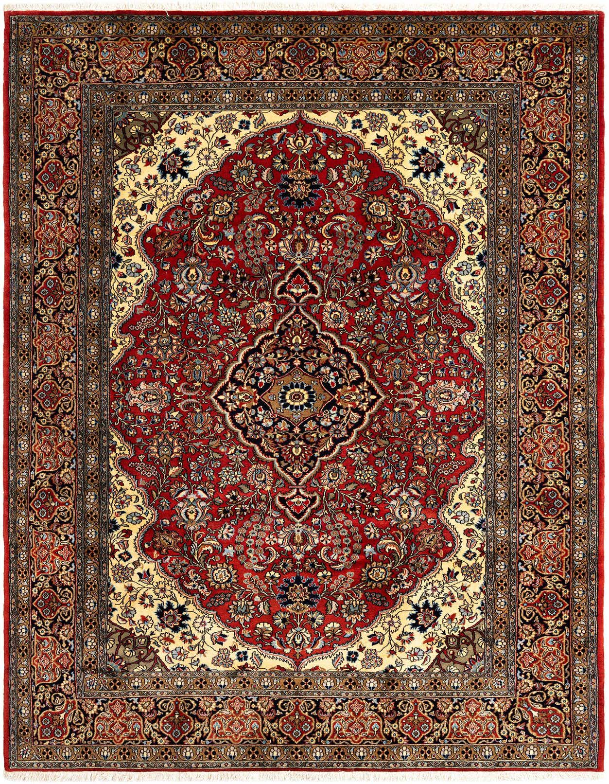 A 7x10 rectangular Qom Persian rug featuring a detailed ivory and red medallion pattern with floral motifs and a complex border.