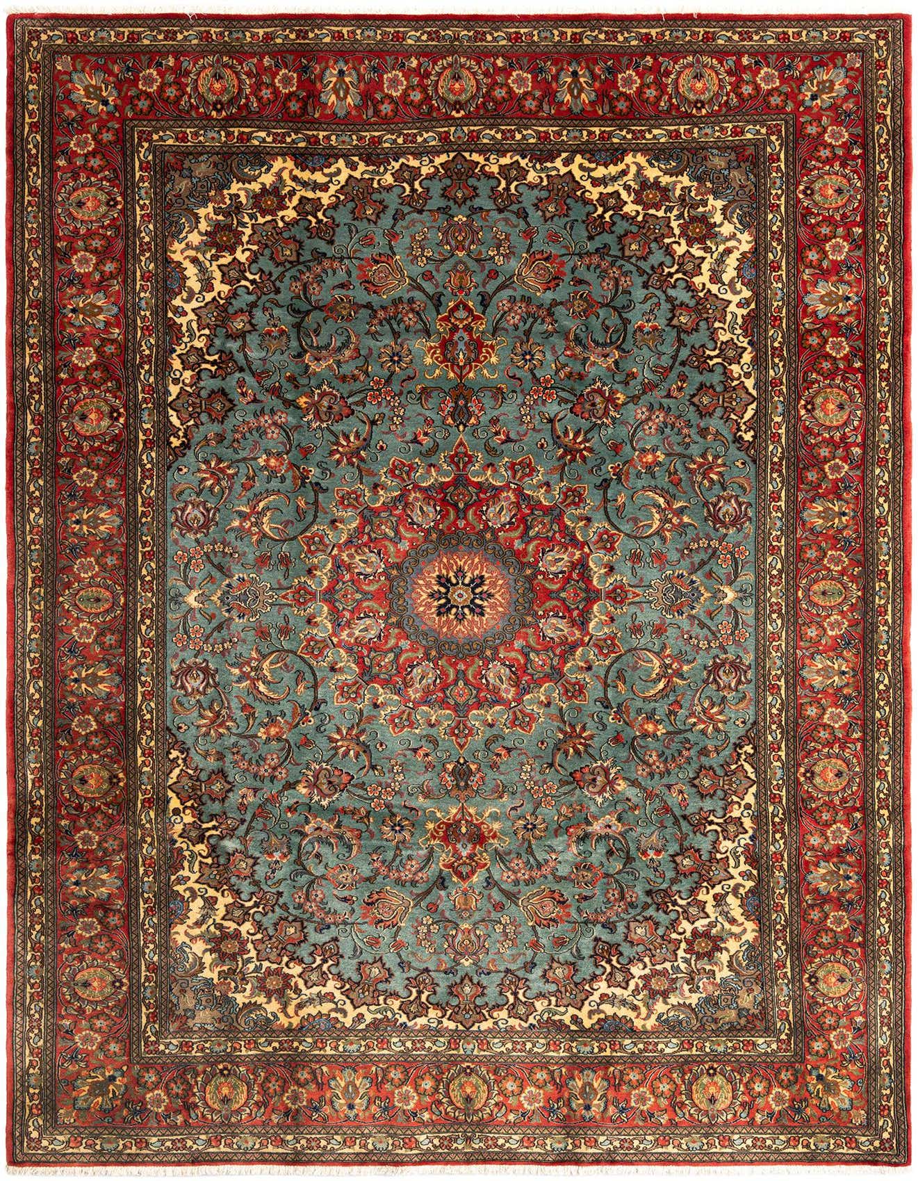 A 7x10 rectangular Qom Persian rug featuring an intricate ivory and teal floral pattern with a bold red border.