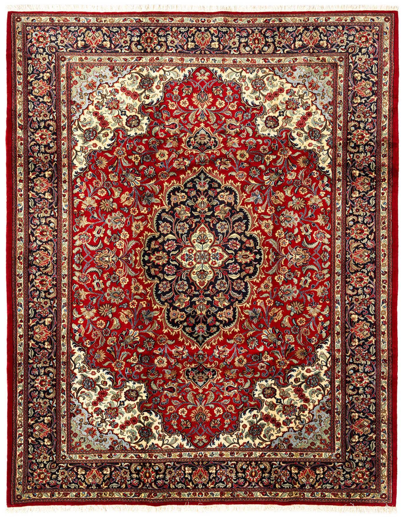A 7x10 rectangular Qom Persian rug featuring an intricate ivory, red, and navy floral medallion pattern, ideal for a living room.
