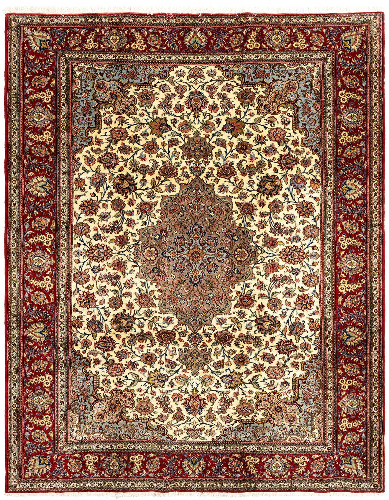 A rectangular 6x9 ivory Persian rug with a detailed floral medallion and a rich red border, suitable for a living room.