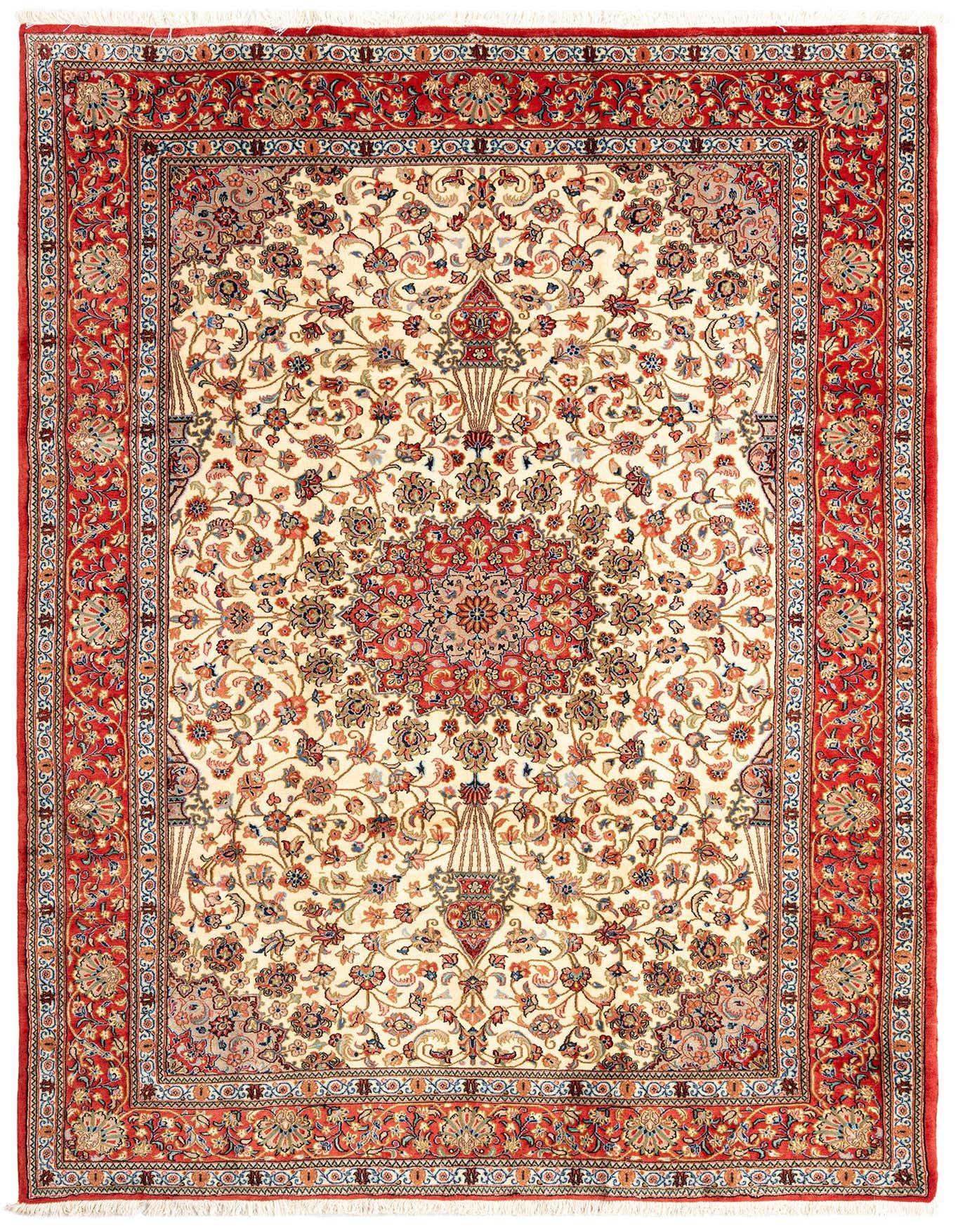 A 6x9 rectangular ivory Persian rug with a detailed red floral medallion and border, showcasing a traditional oriental design.