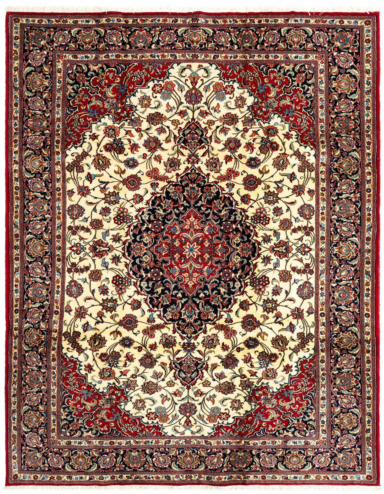 A 6x9 rectangular ivory Persian rug with a detailed floral medallion pattern in red, blue, and black, featuring a red border.
