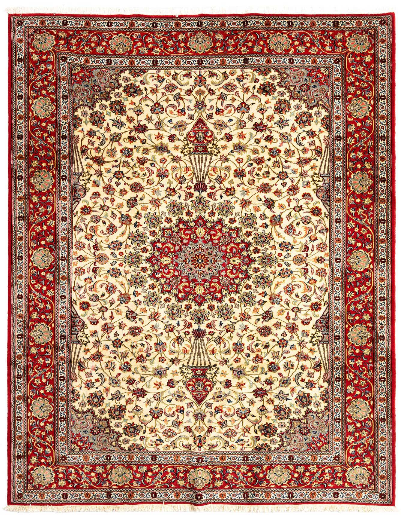 A 6x9 rectangular Qom Persian rug with an ivory field, red border, and intricate floral patterns.