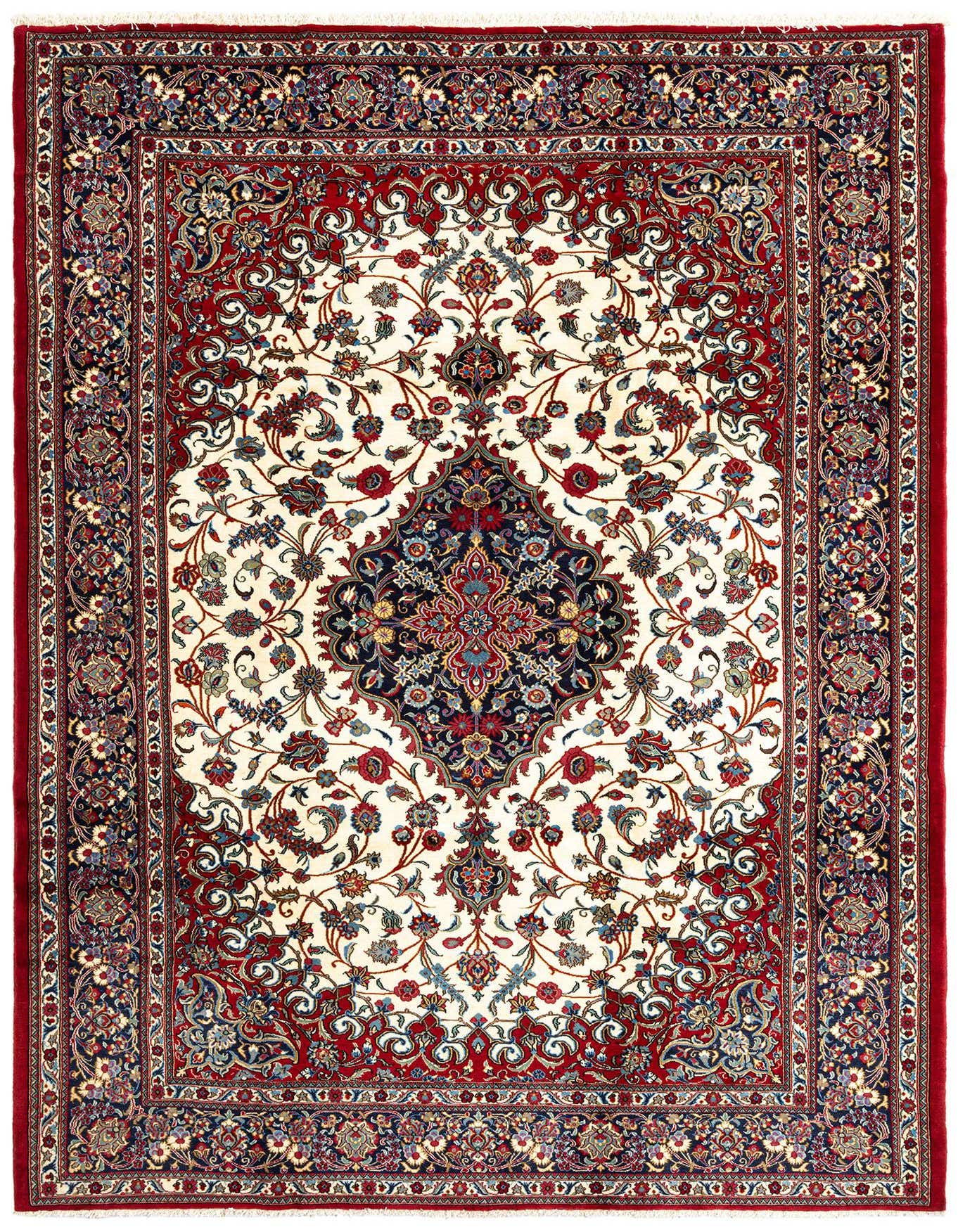 A 7x10 rectangular ivory Persian rug with a detailed red and navy floral medallion design and a complex border.