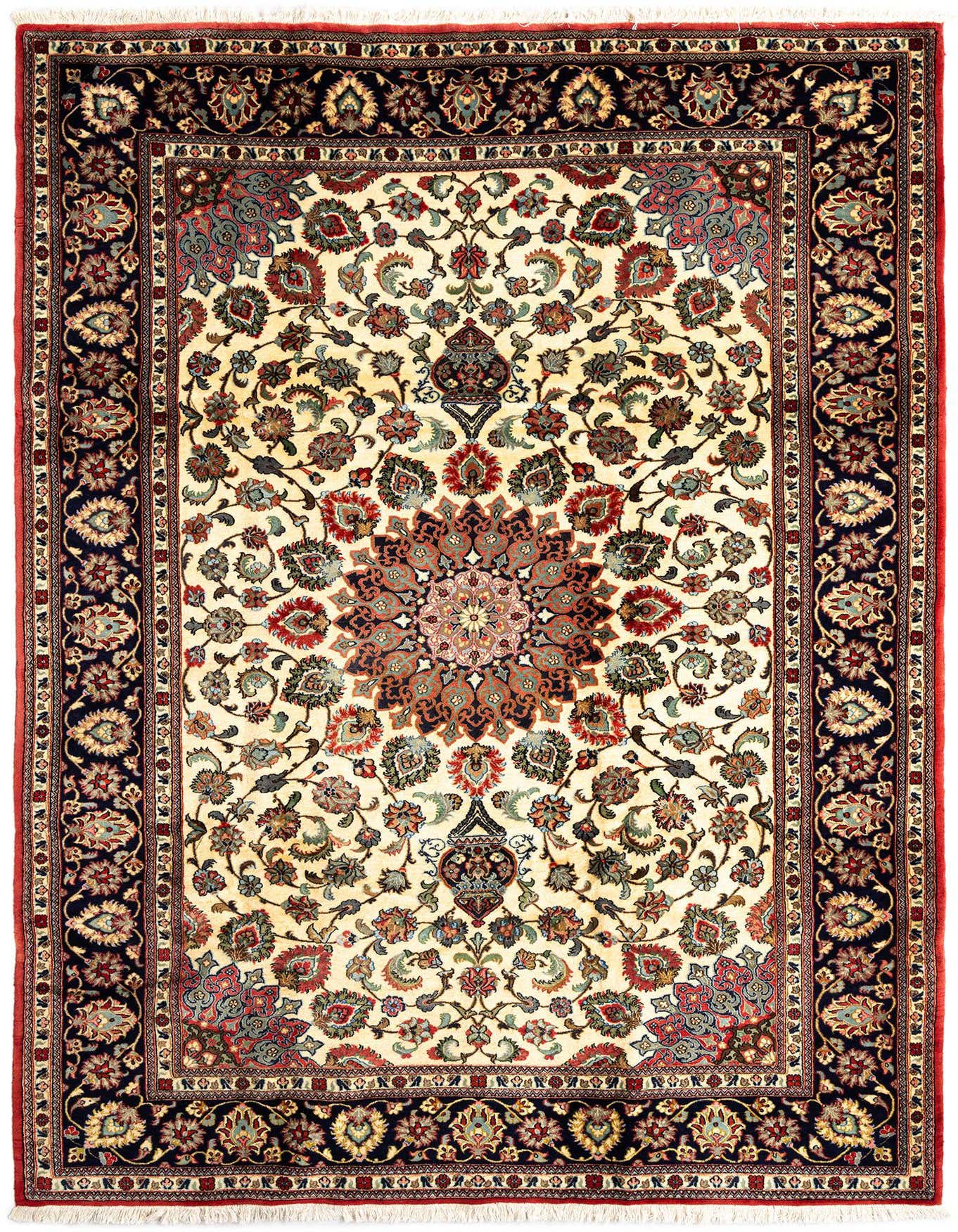A 7x10 rectangular ivory Persian rug with a central medallion and intricate floral patterns in red, blue, and green, framed by a dark border.