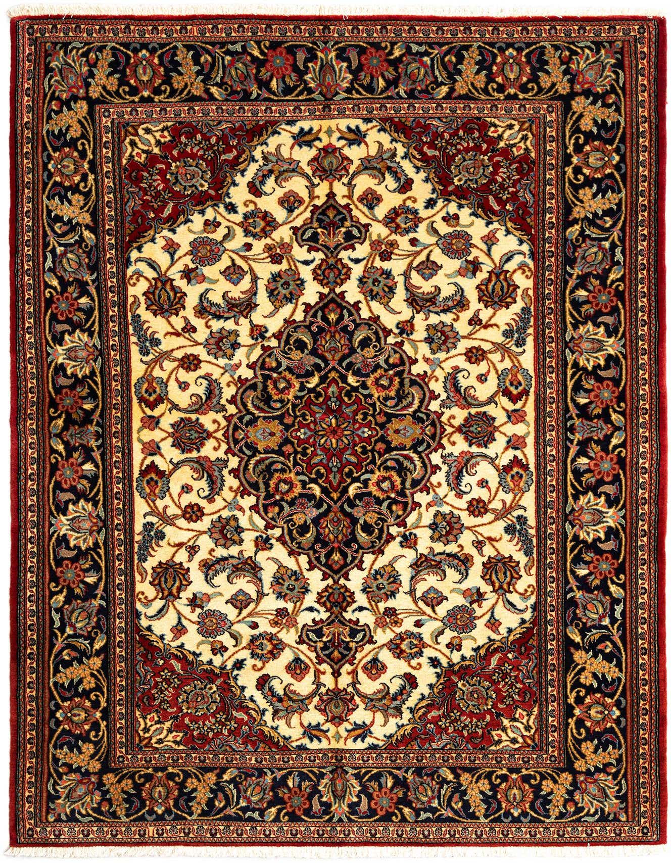 A 5x7 rectangular Persian rug with a cream field, a central medallion, and an ornate floral pattern in red, navy, and gold.