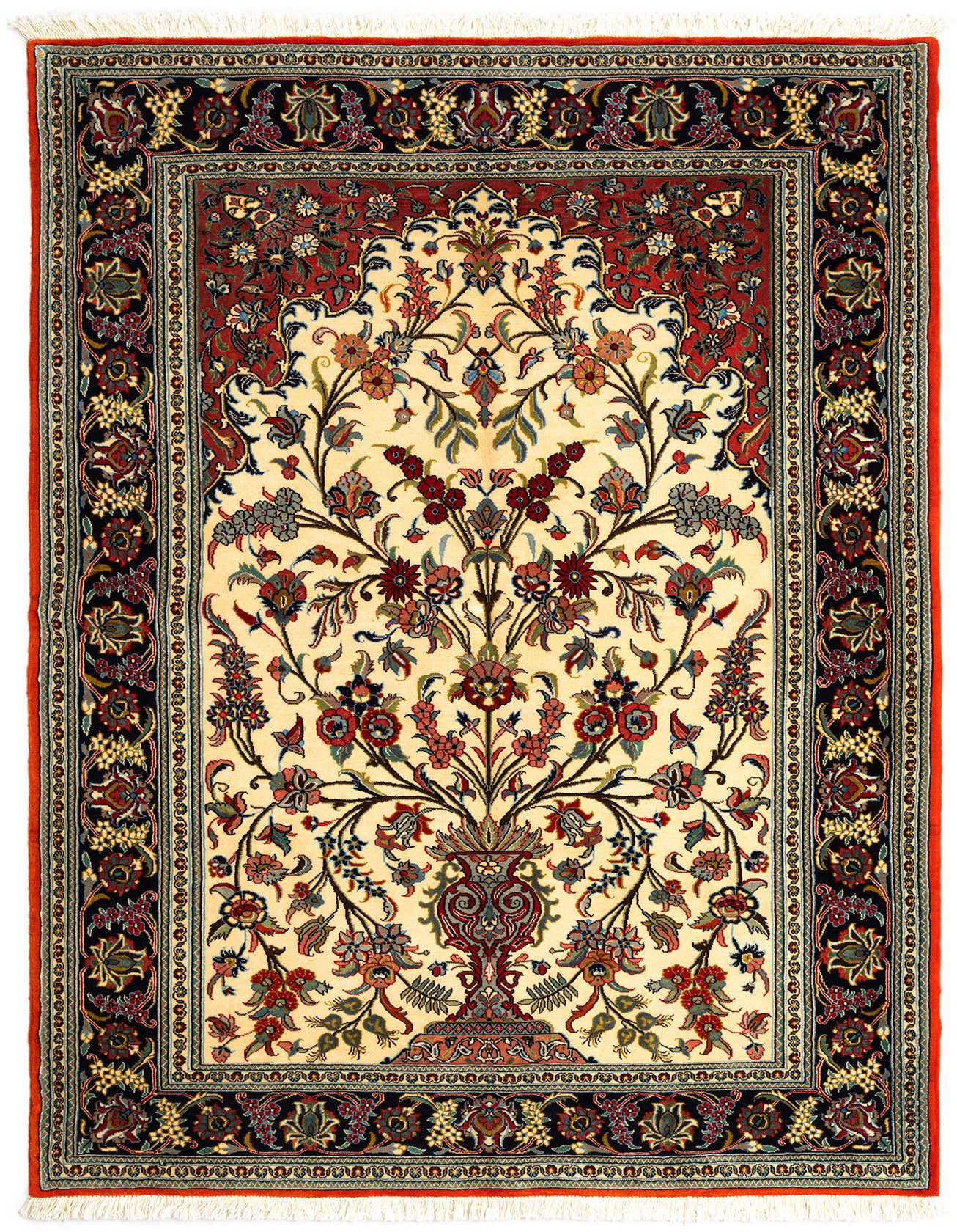 A 5x7 rectangular Persian rug featuring an ivory field with a central tree-of-life floral motif in red, blue, and green, framed by a dark border.