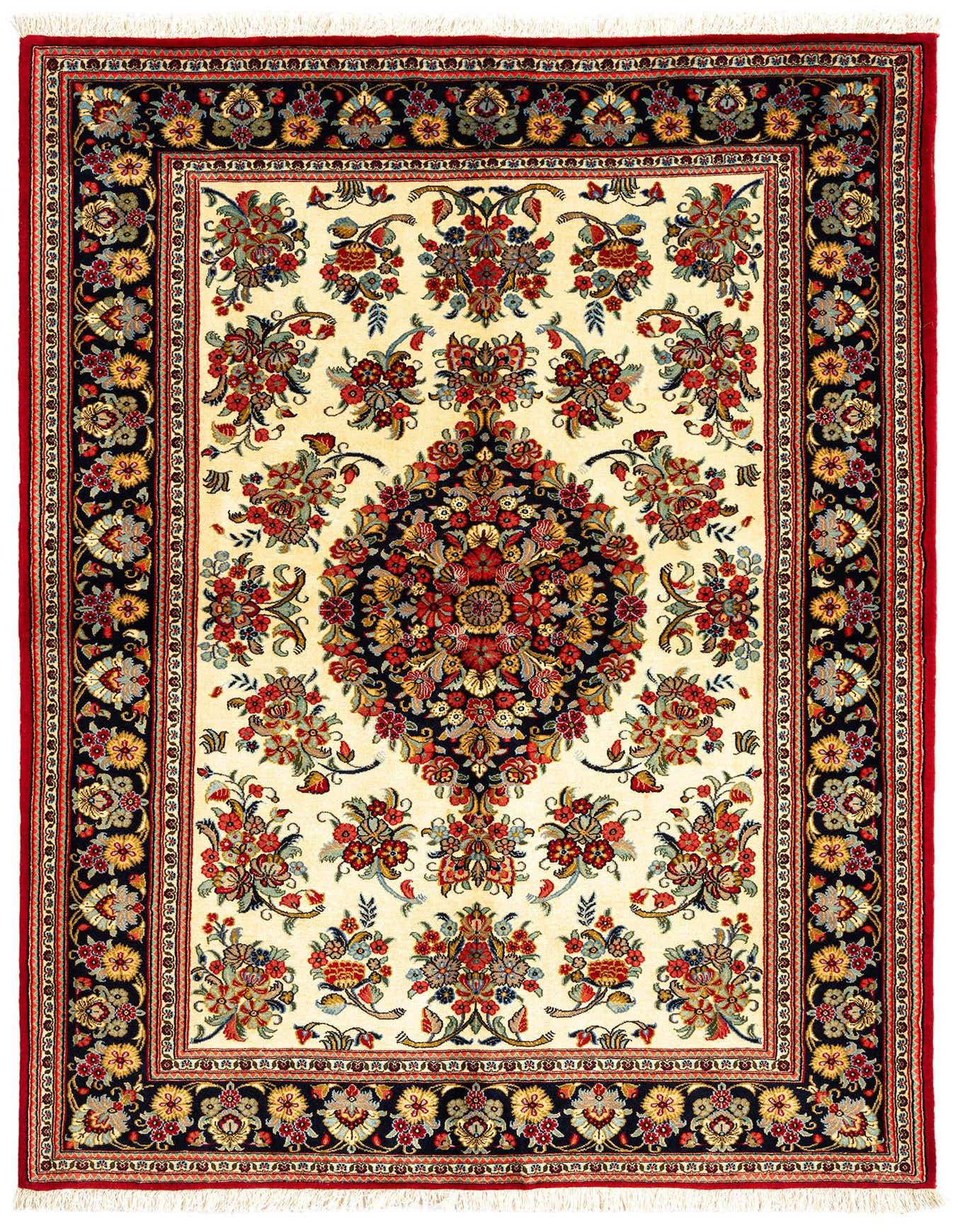 A 4x6 rectangular ivory Persian rug with a central medallion and ornate floral patterns in red, blue, and gold, framed by a dark border.