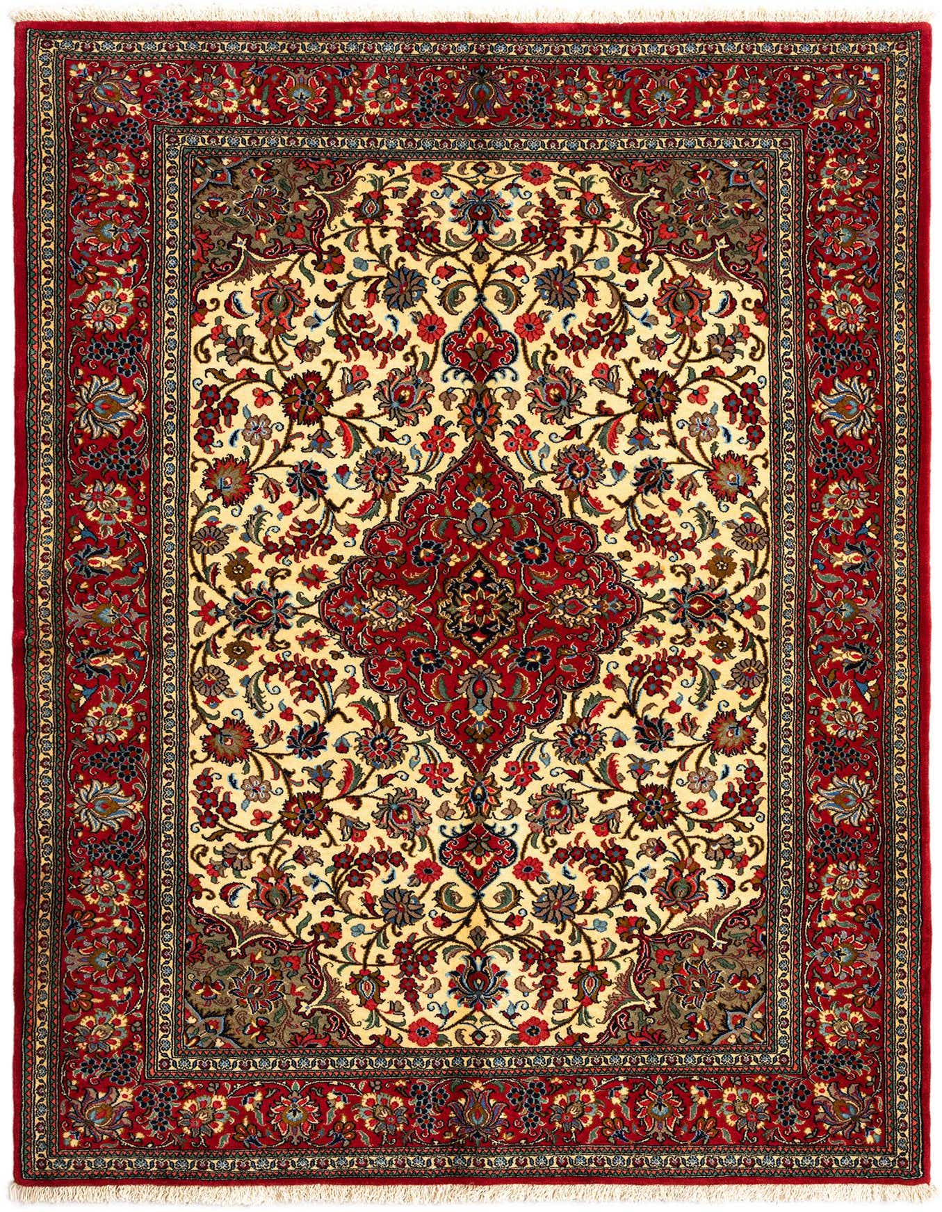 A 5x7 rectangular Persian Qom rug with an ivory field, red border, and intricate floral medallion pattern.