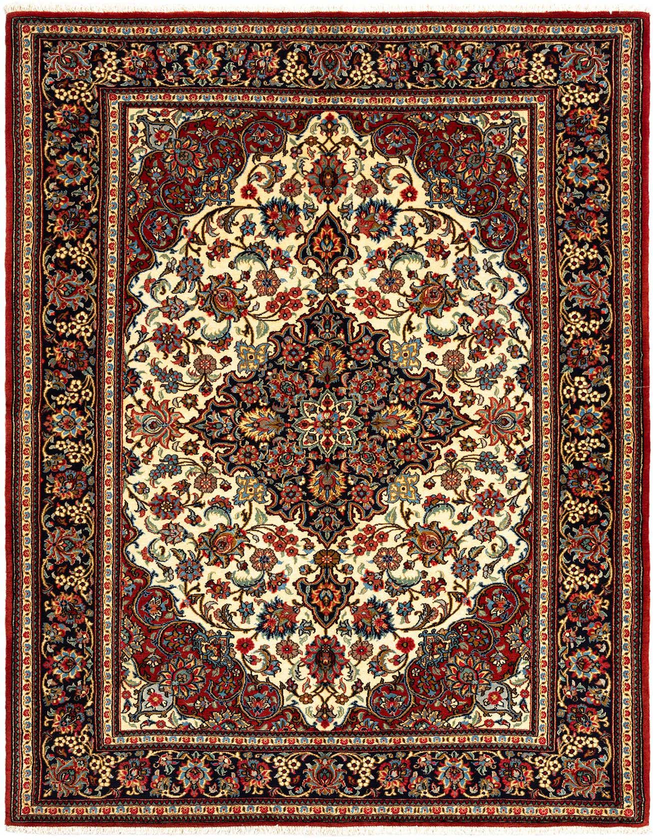 A rectangular 5x7 ivory Persian rug with a detailed floral medallion pattern and a red and navy border.