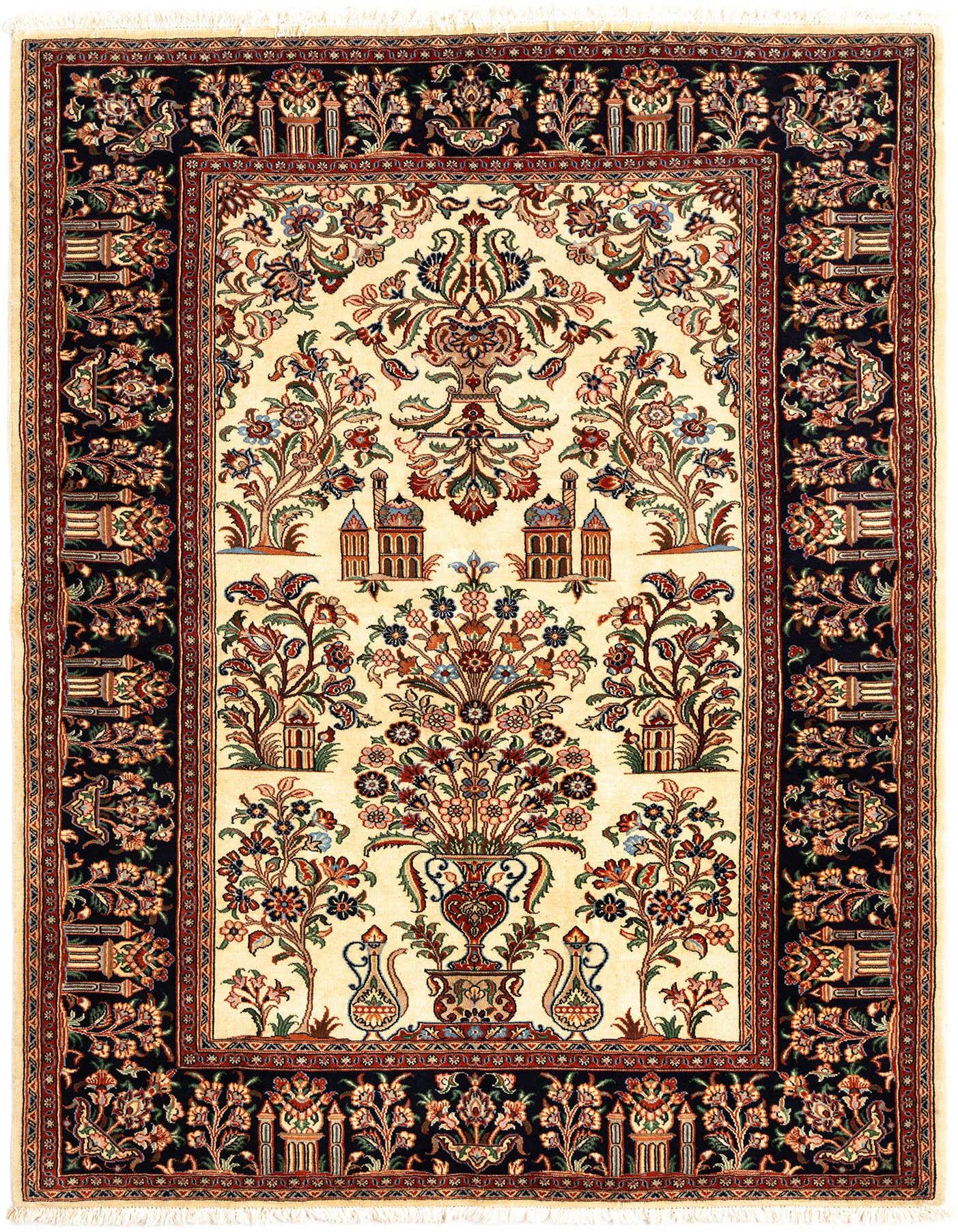 A 4x6 rectangular ivory Persian rug with a detailed floral and architectural pattern, featuring a central vase of flowers and intricate border.