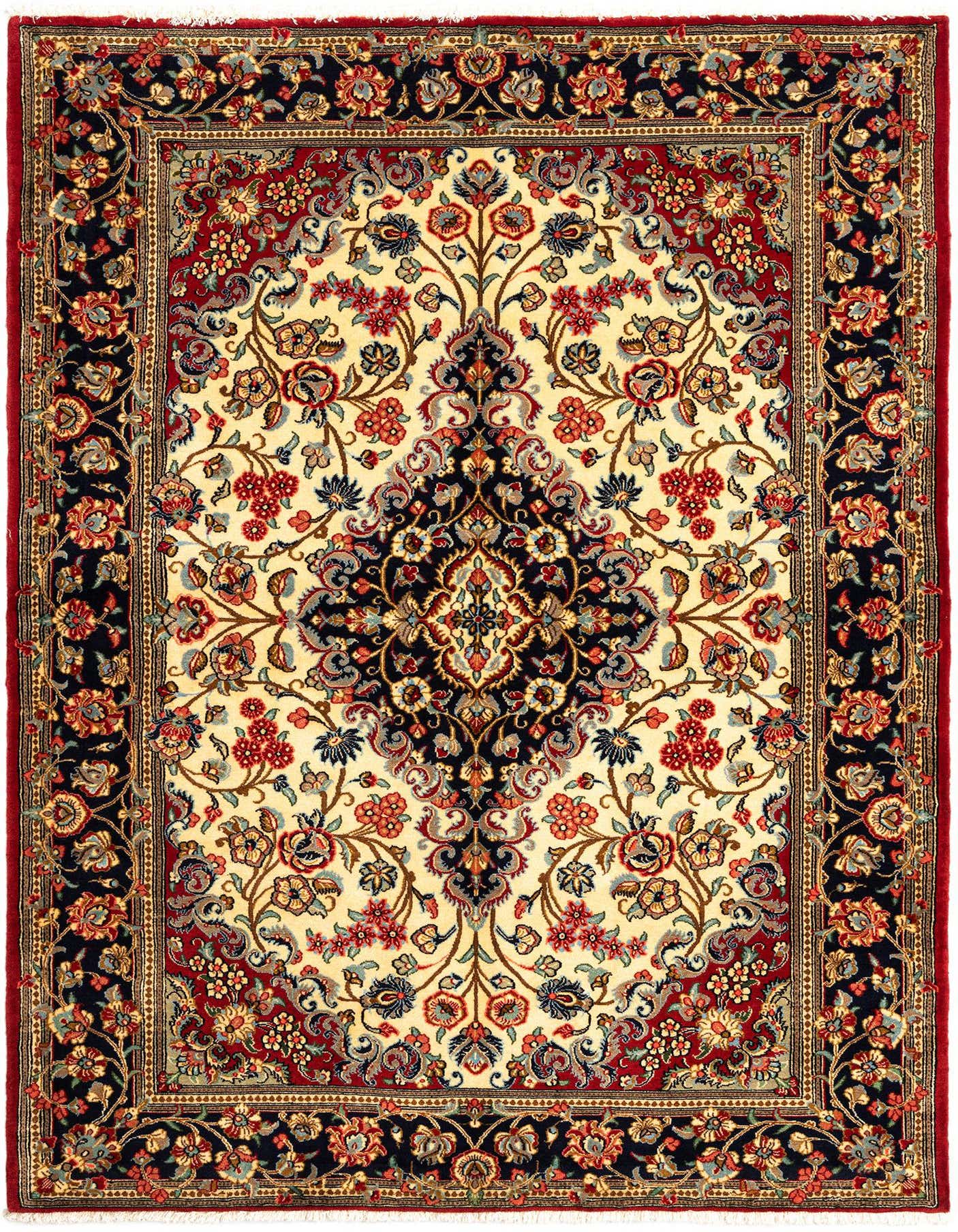 A rectangular 5x7 ivory Persian rug with a detailed floral pattern in red, blue, and gold, framed by a dark border.