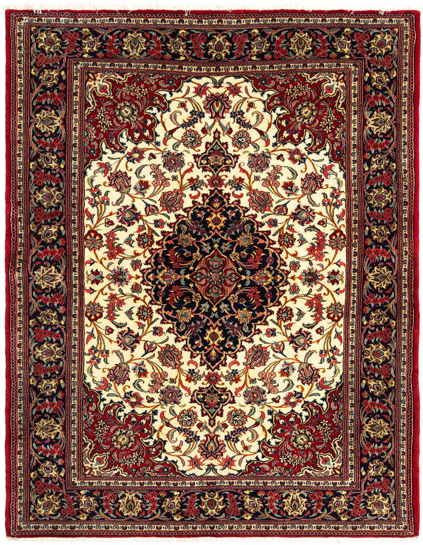 A 5x7 rectangular ivory Persian rug with a central navy medallion and intricate red, blue, and gold floral patterns, ideal for a living room.