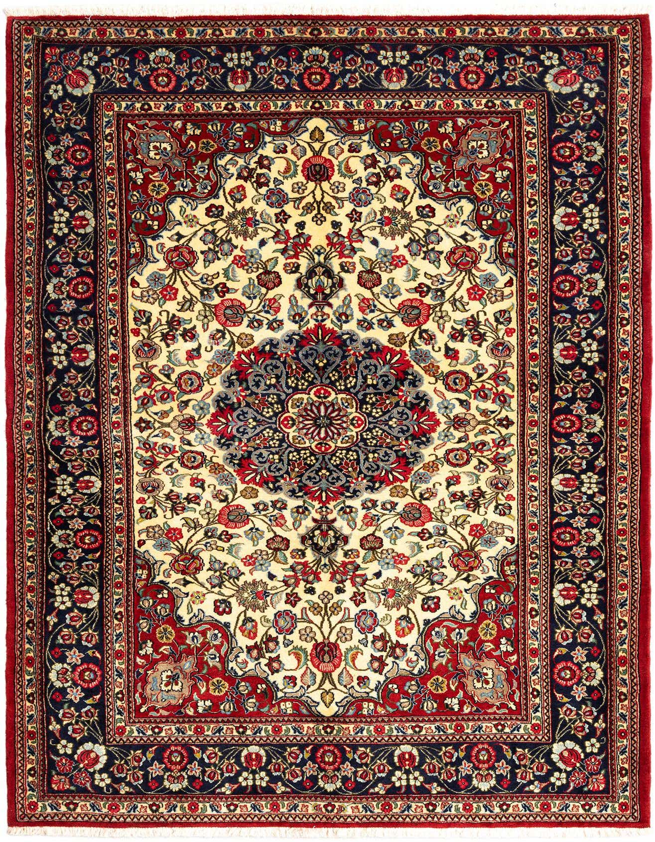 A 5x7 rectangular Persian Qom rug with an ivory field, red border, and intricate floral patterns in blue, red, and cream.