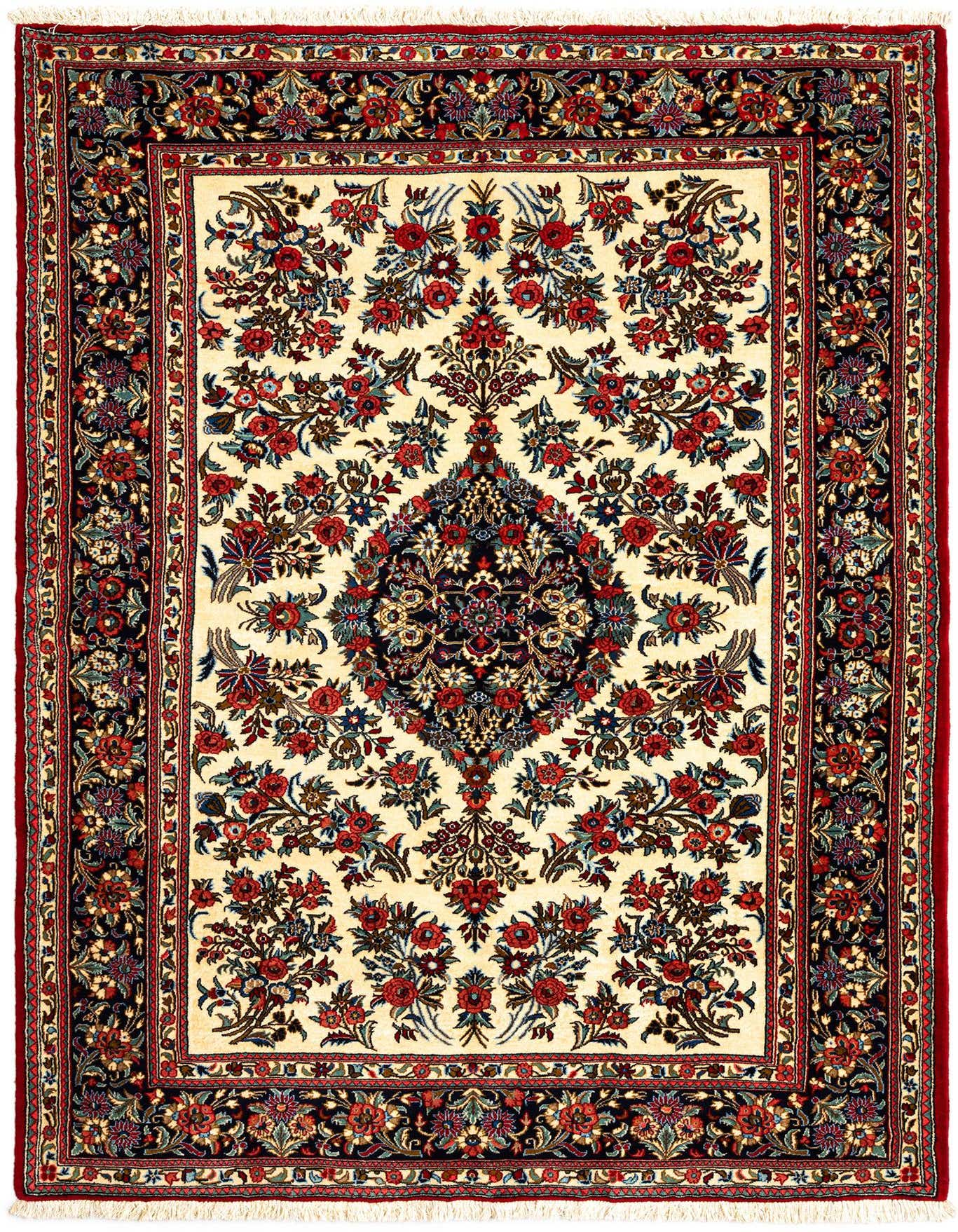 A 4x6 rectangular Qom Persian rug featuring a cream field with a central navy medallion and intricate red, blue, and green floral patterns, framed by a dark border.