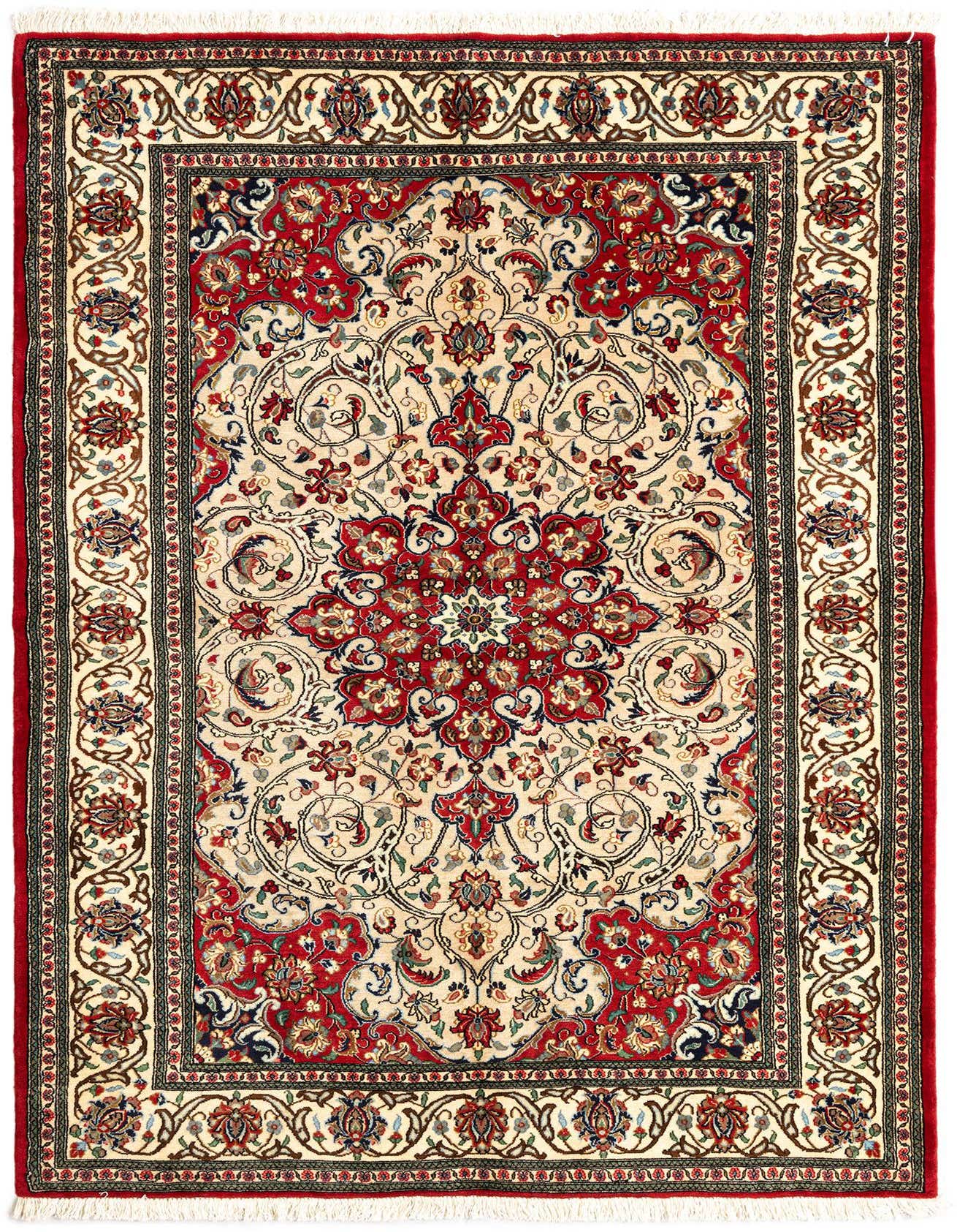 A 4x6 rectangular Qom Persian rug in ivory and red, featuring an intricate floral medallion pattern and decorative border.