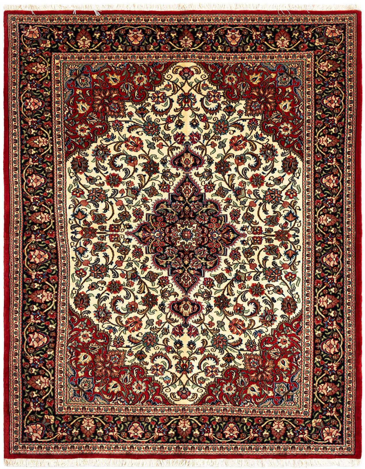 A 5x7 rectangular Persian Qom rug with an ivory field, red border, and intricate floral patterns.
