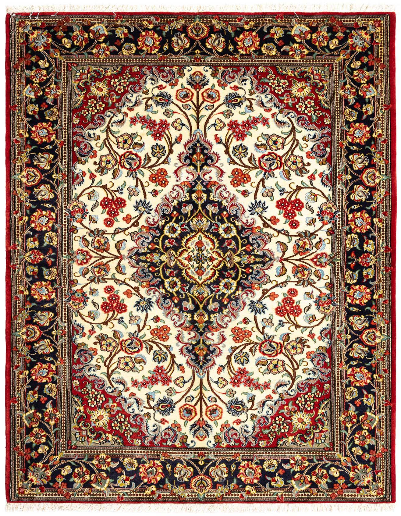 A 5x7 rectangular ivory and red rug with a detailed traditional floral medallion pattern and dark blue border.