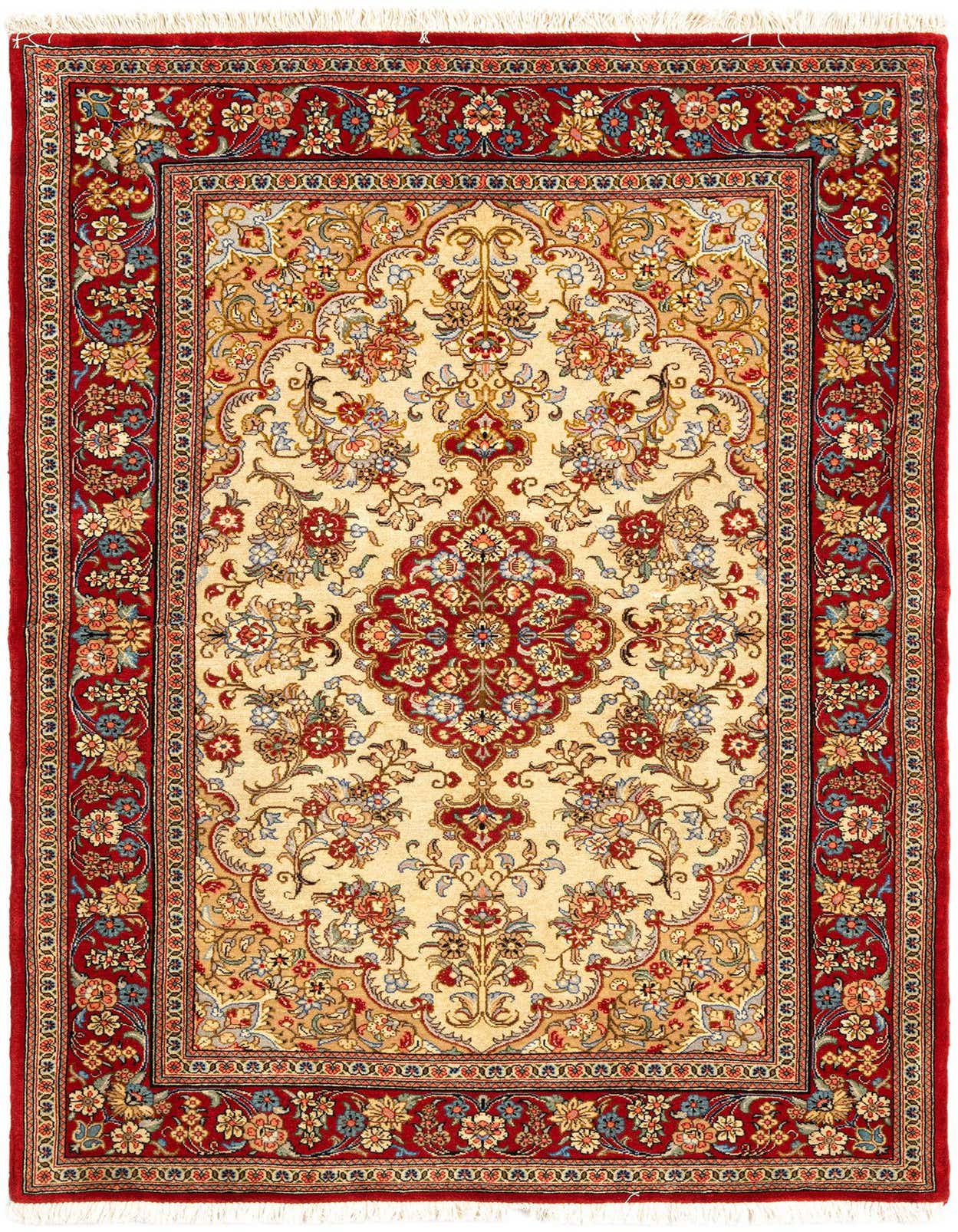 A 3x5 rectangular Persian Qom rug featuring a detailed ivory field with a central medallion and a rich red border.