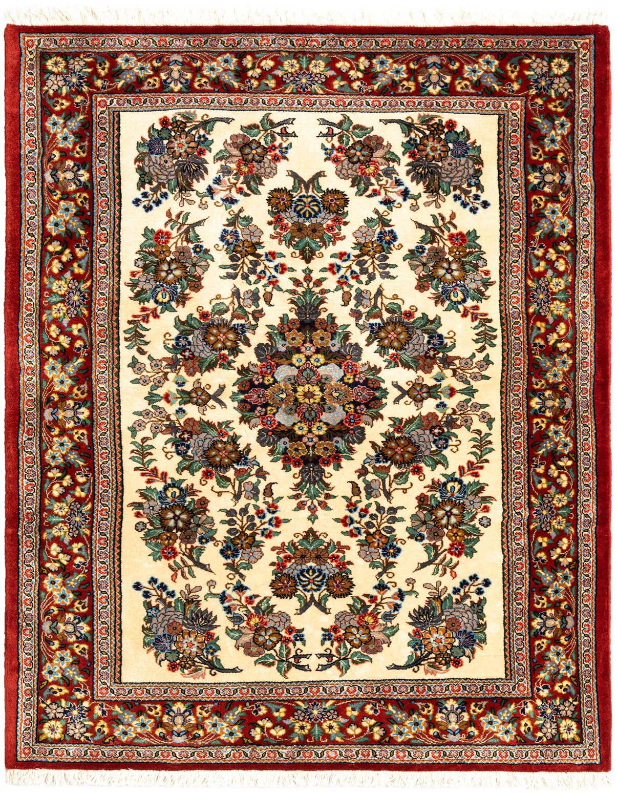 A 3x5 rectangular Persian rug with a cream field and an ornate floral pattern in blues, greens, and browns, framed by a rich red border with intricate botanical motifs.