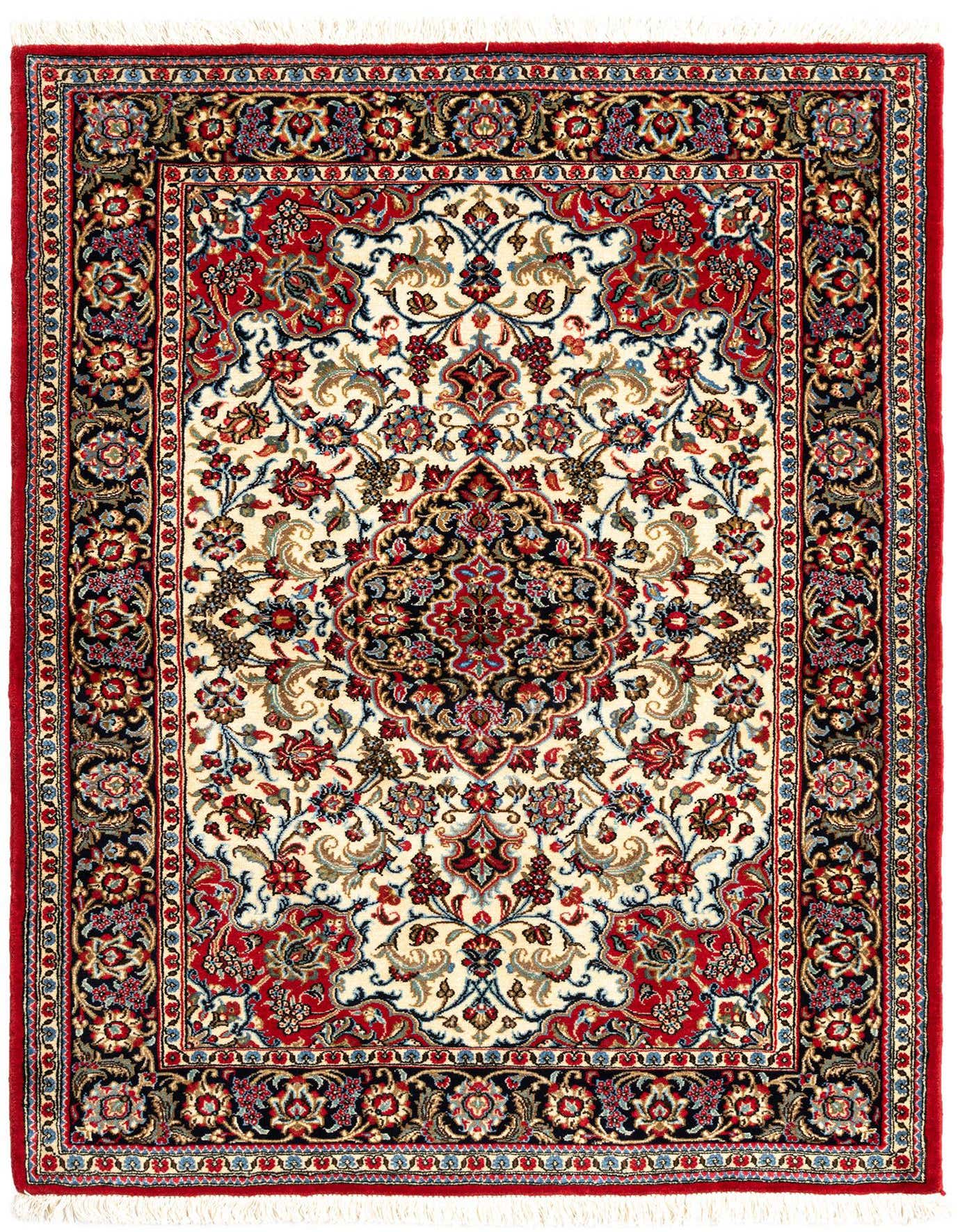 A 3x5 rectangular Persian Qom rug featuring an ivory field with an intricate red, black, and blue floral medallion and border.